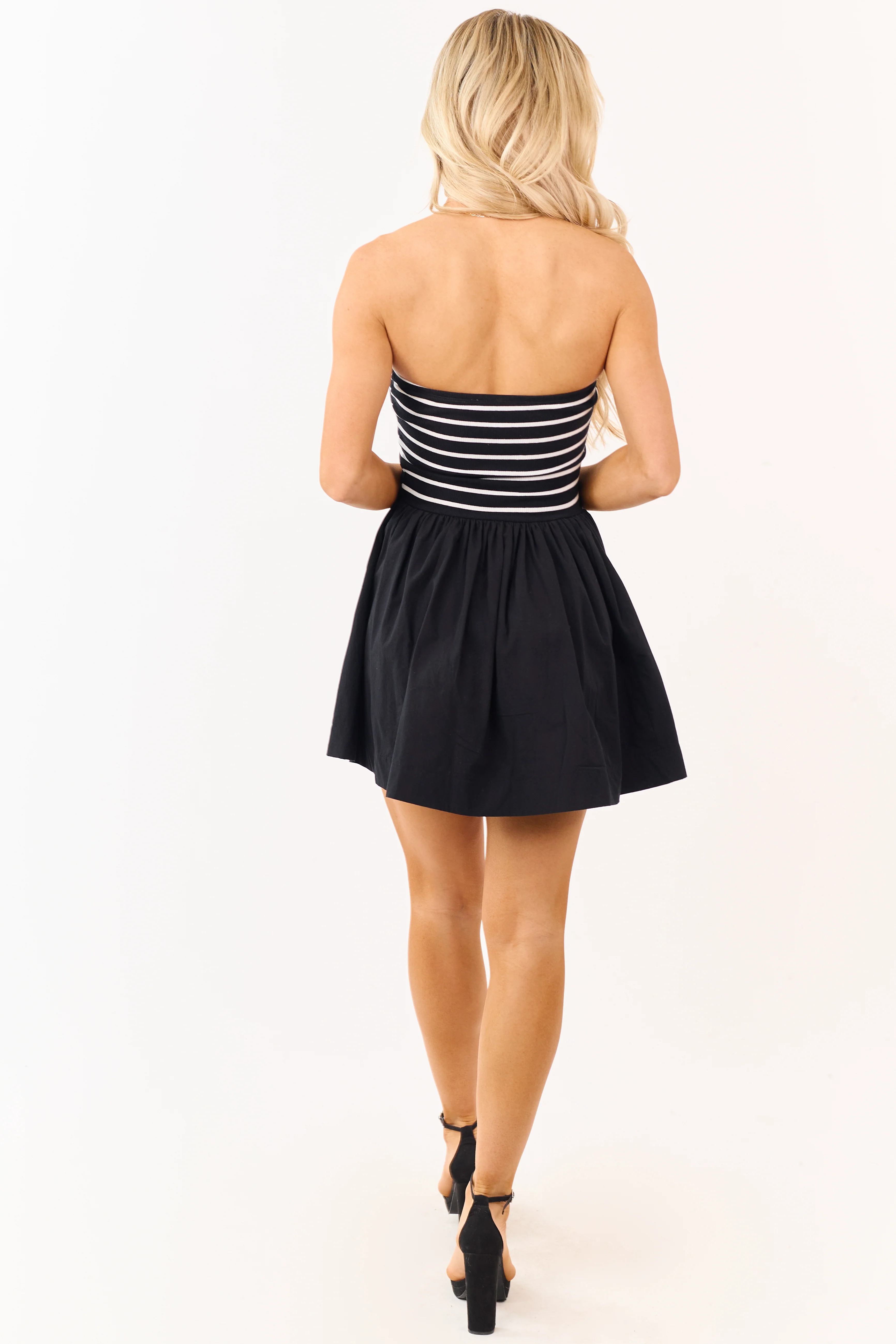 Black and Ivory Striped Strapless Cotton Mini Dress - Image 6