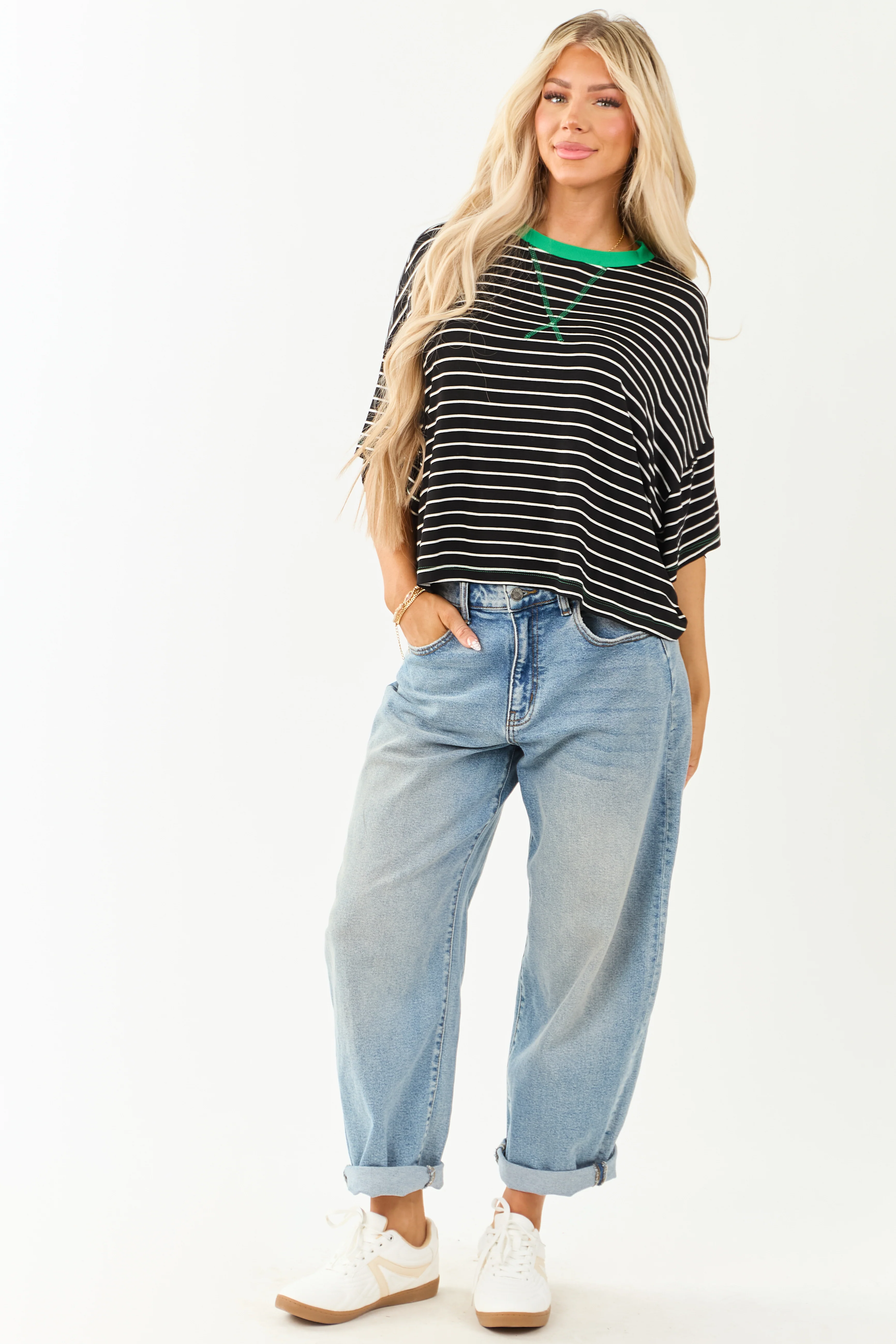 Black and Kelly Green Striped Half Sleeve Top - Image 3