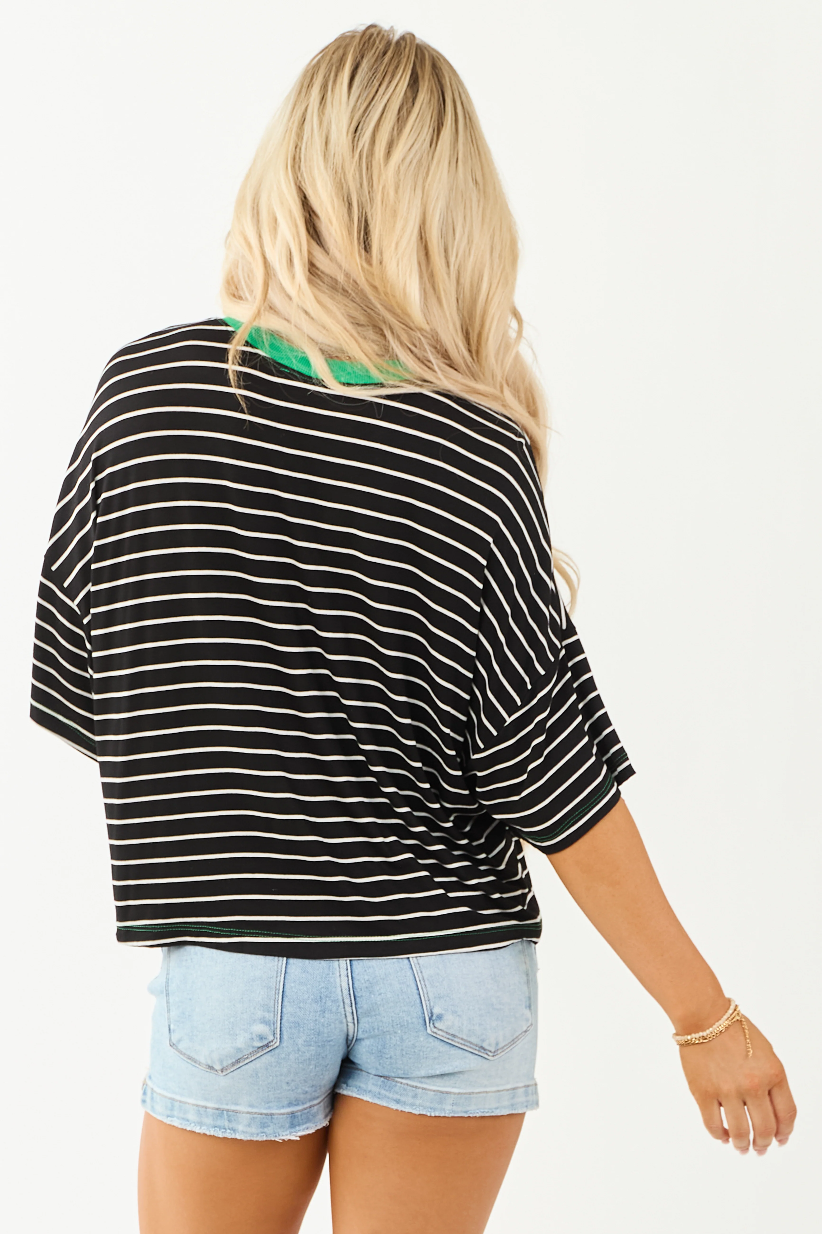 Black and Kelly Green Striped Half Sleeve Top - Image 5