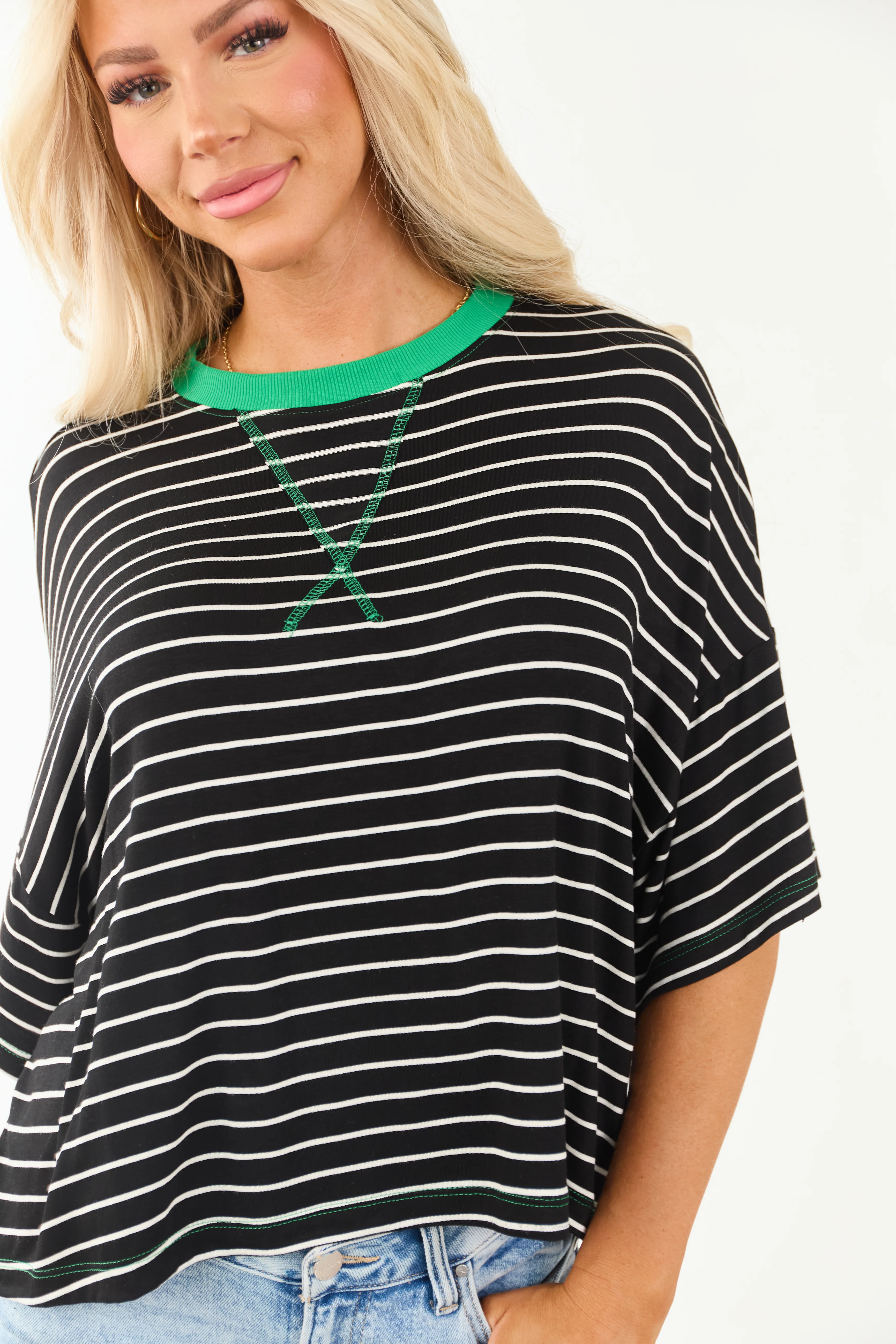 Black and Kelly Green Striped Half Sleeve Top - Image 6