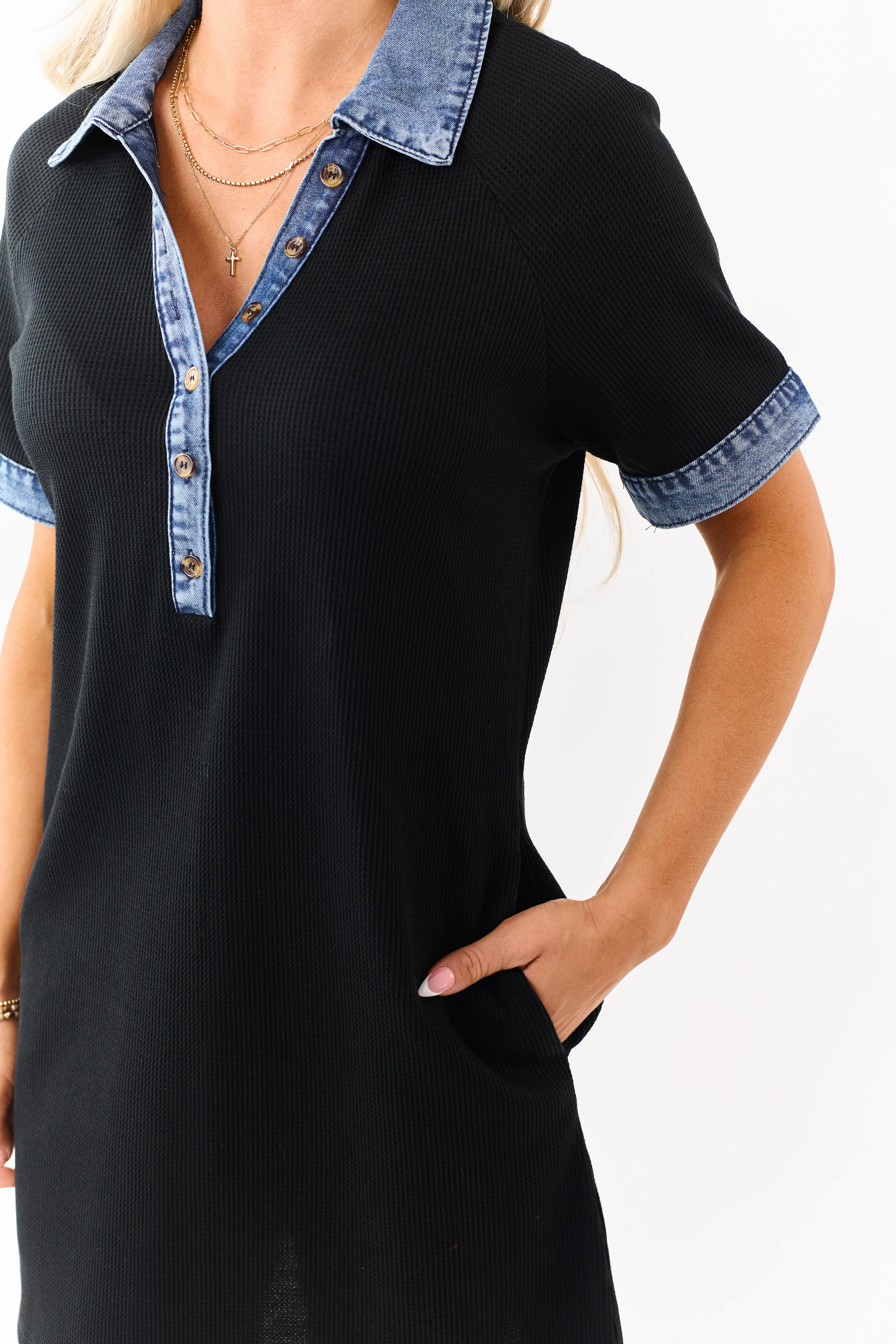 Black Knit Contrast Denim Trim Polo Style Mini Dress - Image 6