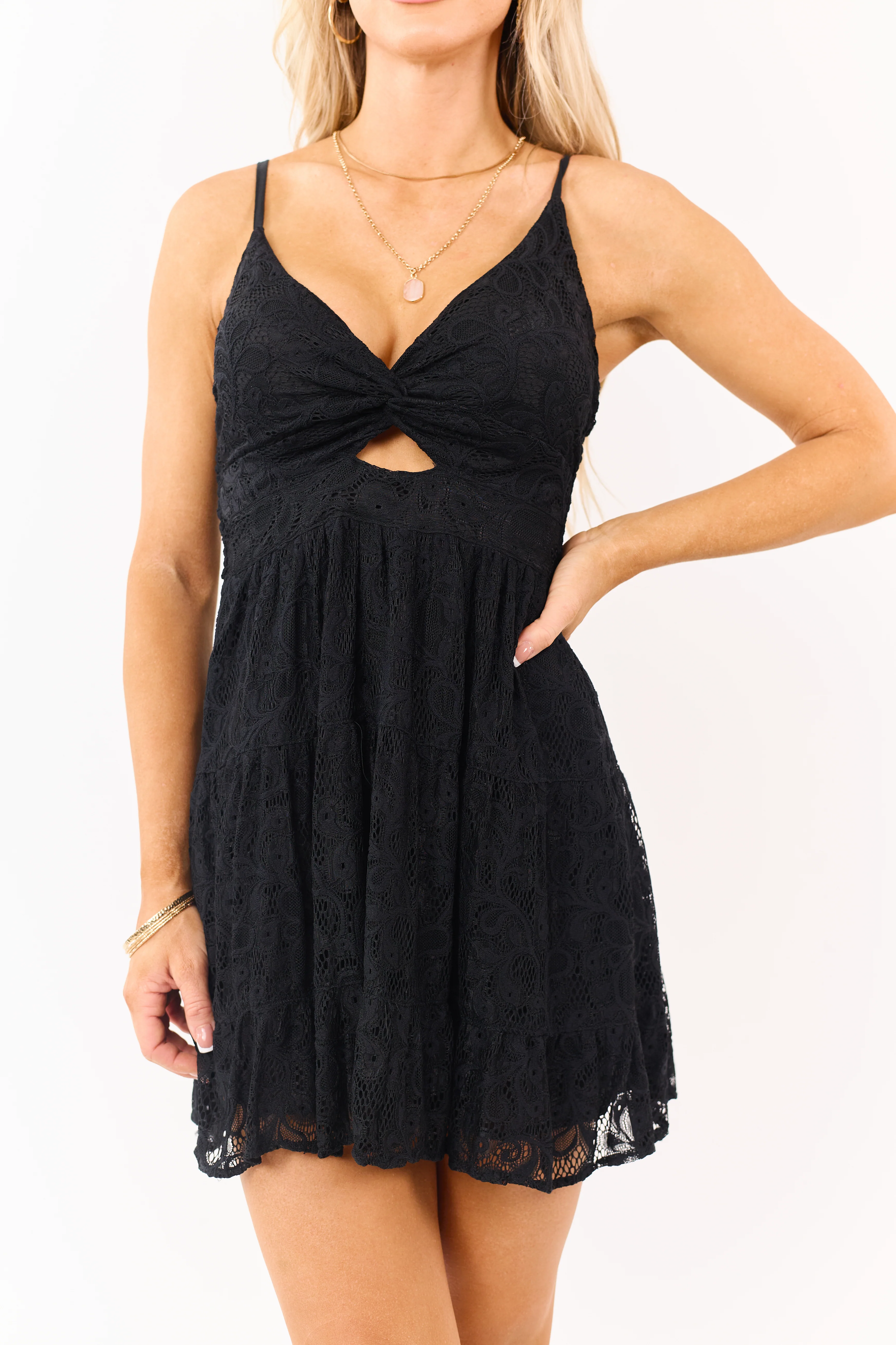 Black Lace Front Twist Cut Out Sleeveless Mini Dress - Image 6