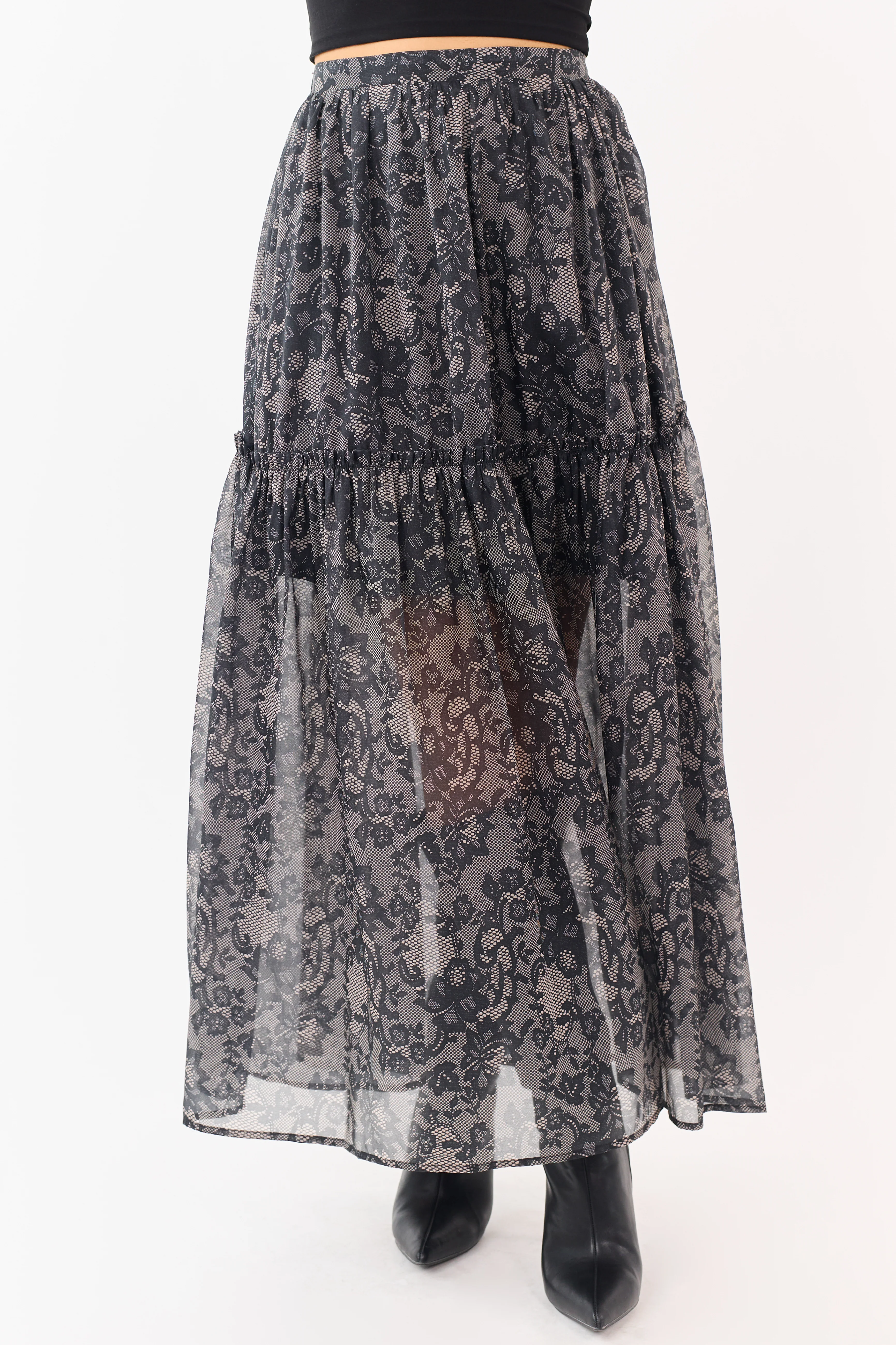 Black Lace Print Organza Tiered Frill Midi Skirt - Image 2