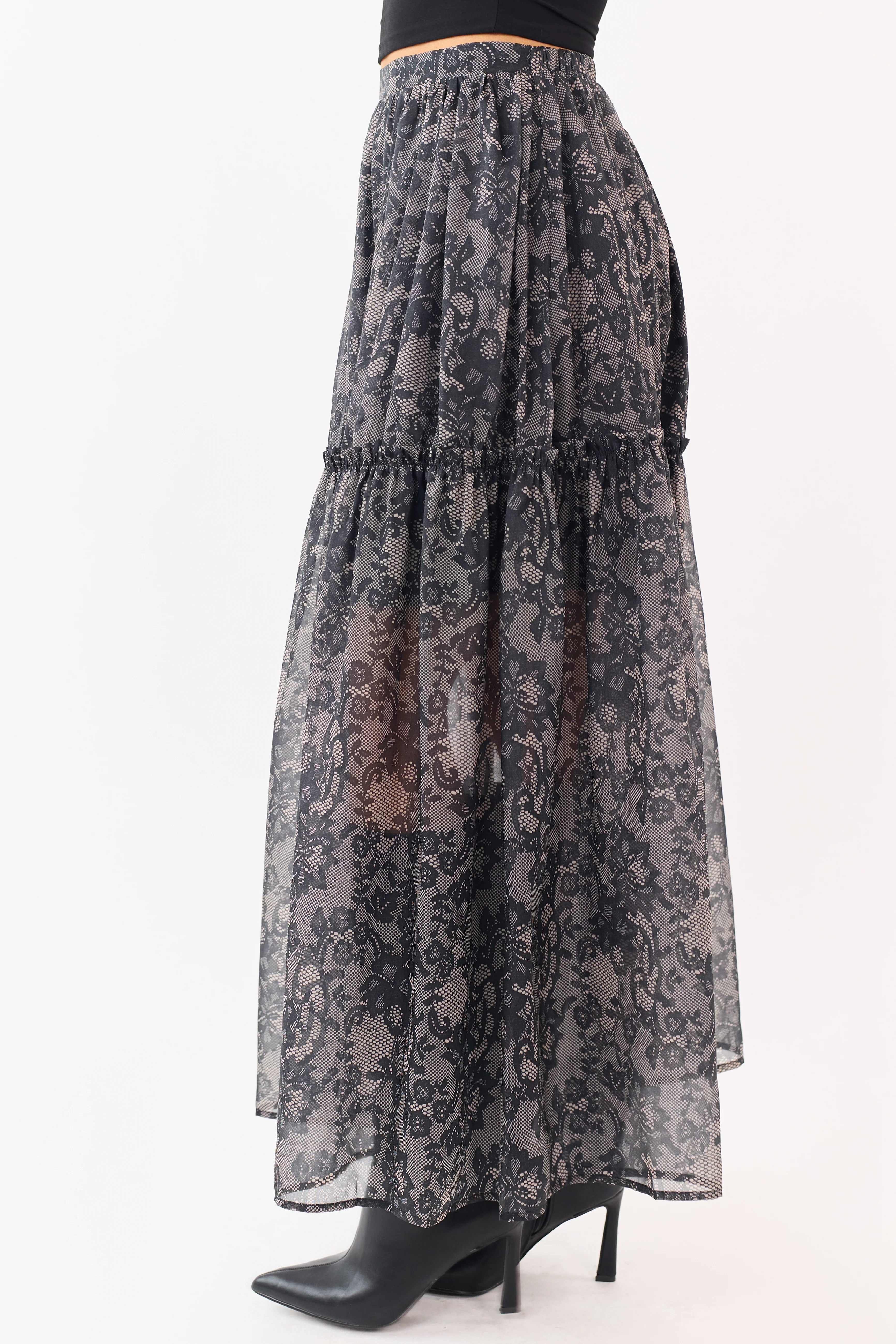 Black Lace Print Organza Tiered Frill Midi Skirt - Image 3