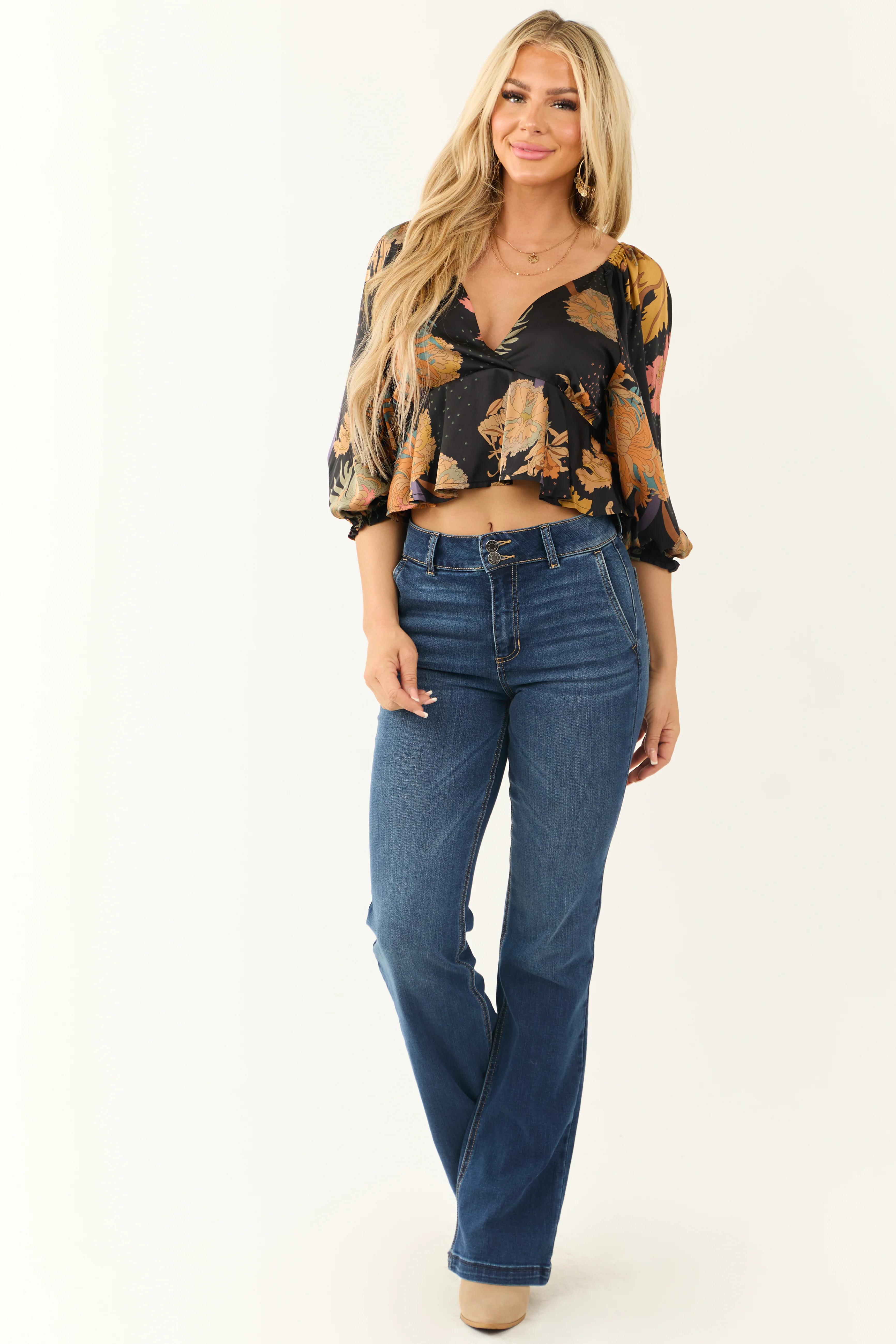 Black Large Floral Print Satin Babydoll Blouse - Image 2