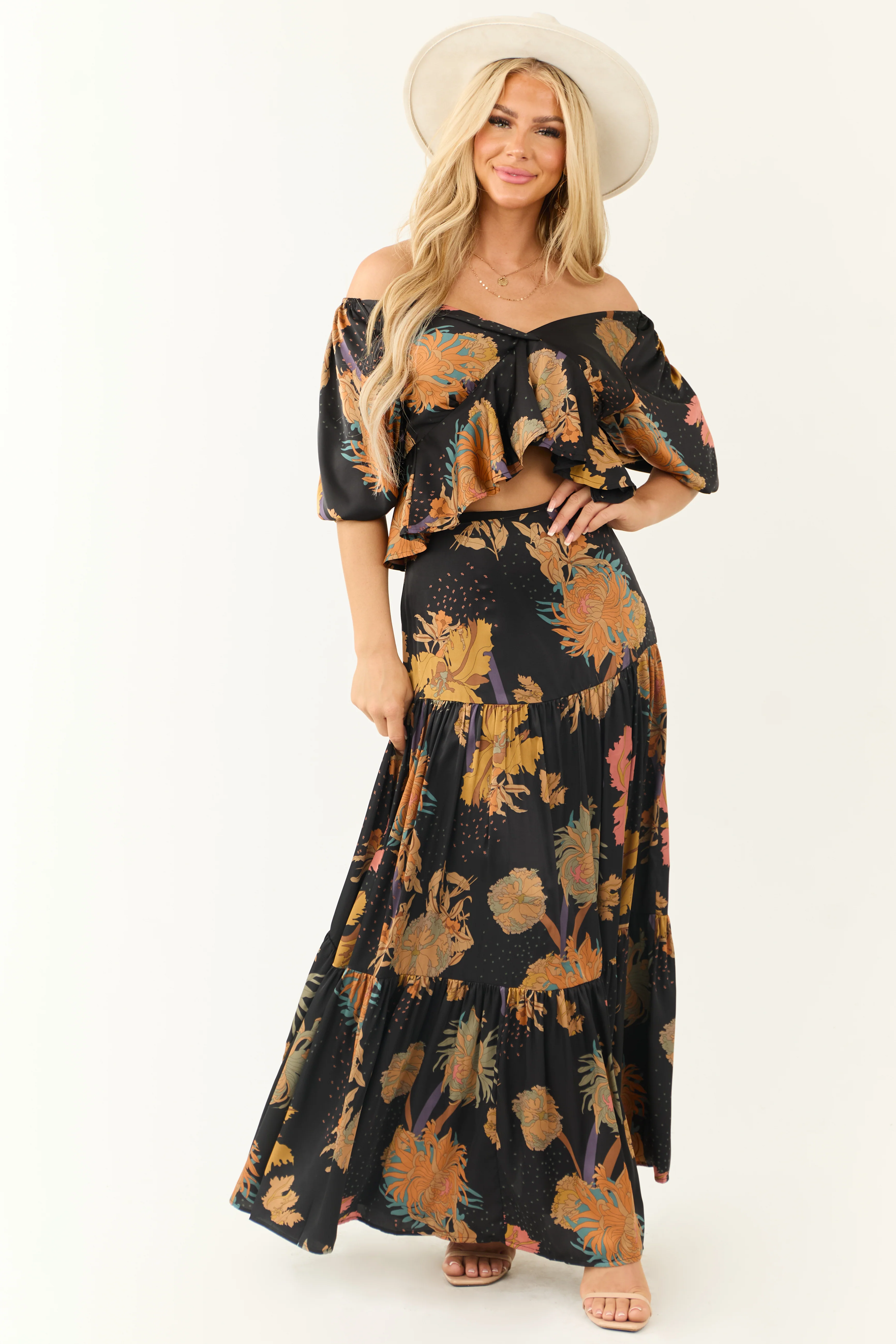 Black Large Floral Print Satin Babydoll Blouse - Image 3