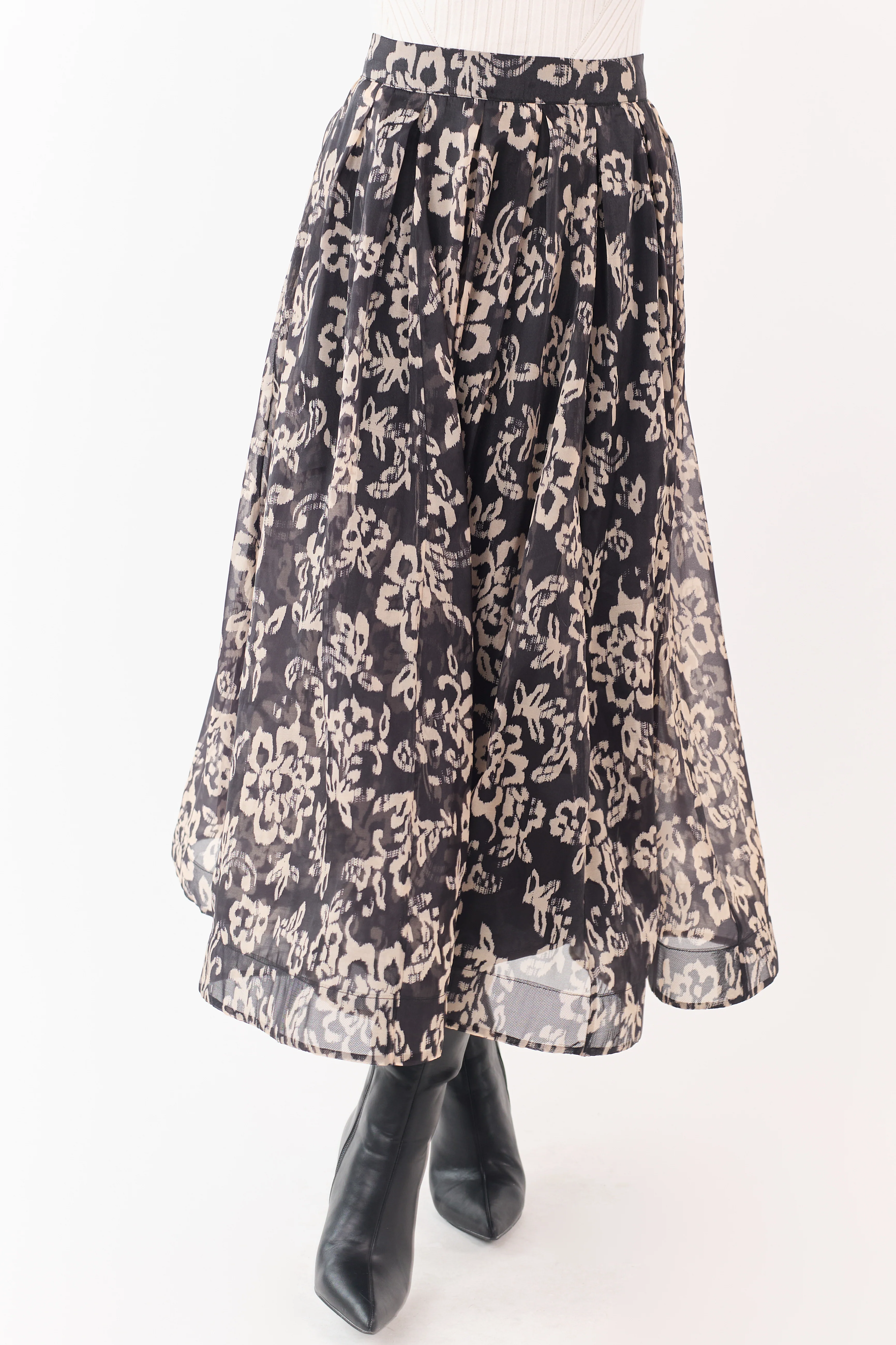 Black and Latte Floral Print Pleated Midi Skirt - Image 2