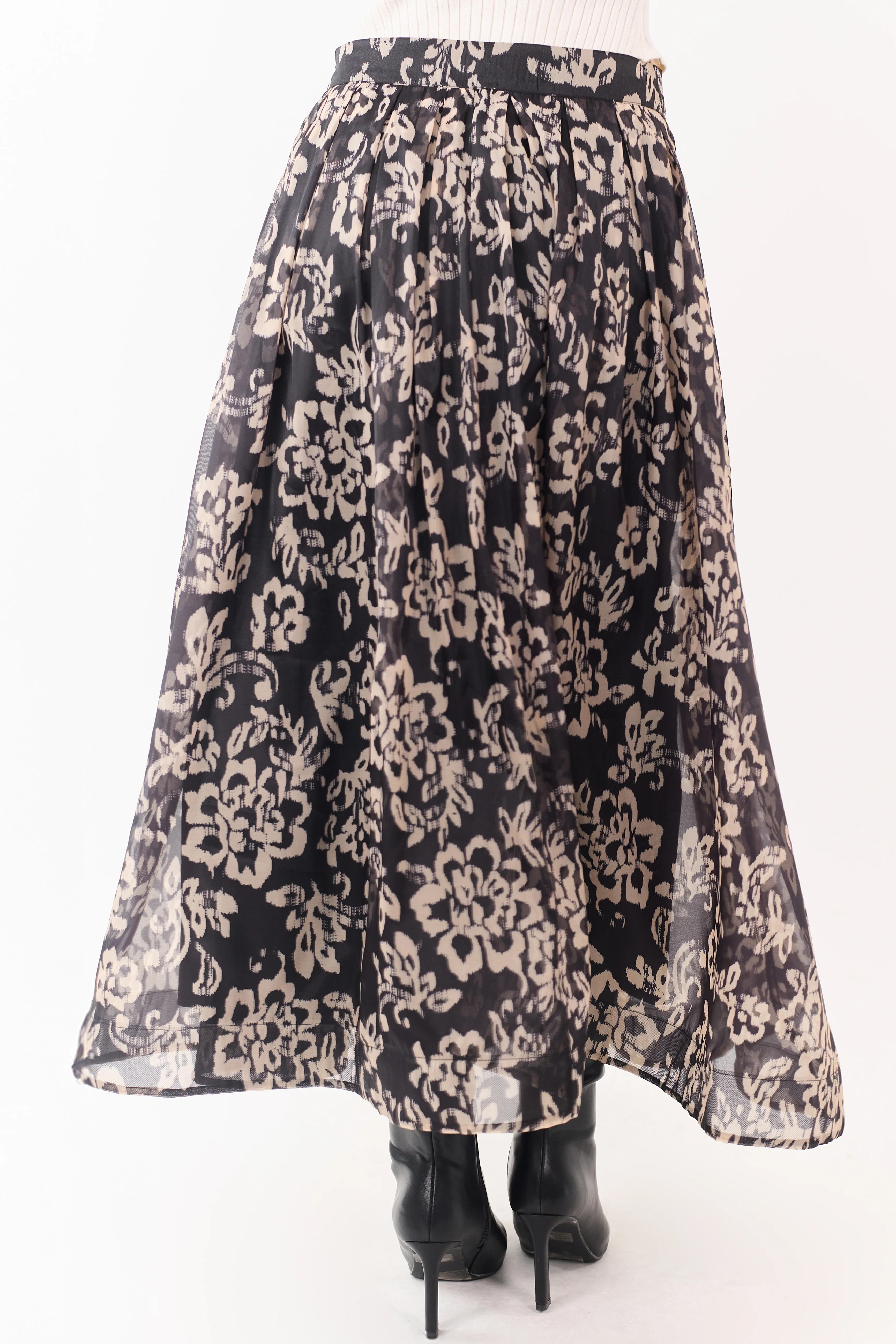 Black and Latte Floral Print Pleated Midi Skirt - Image 4