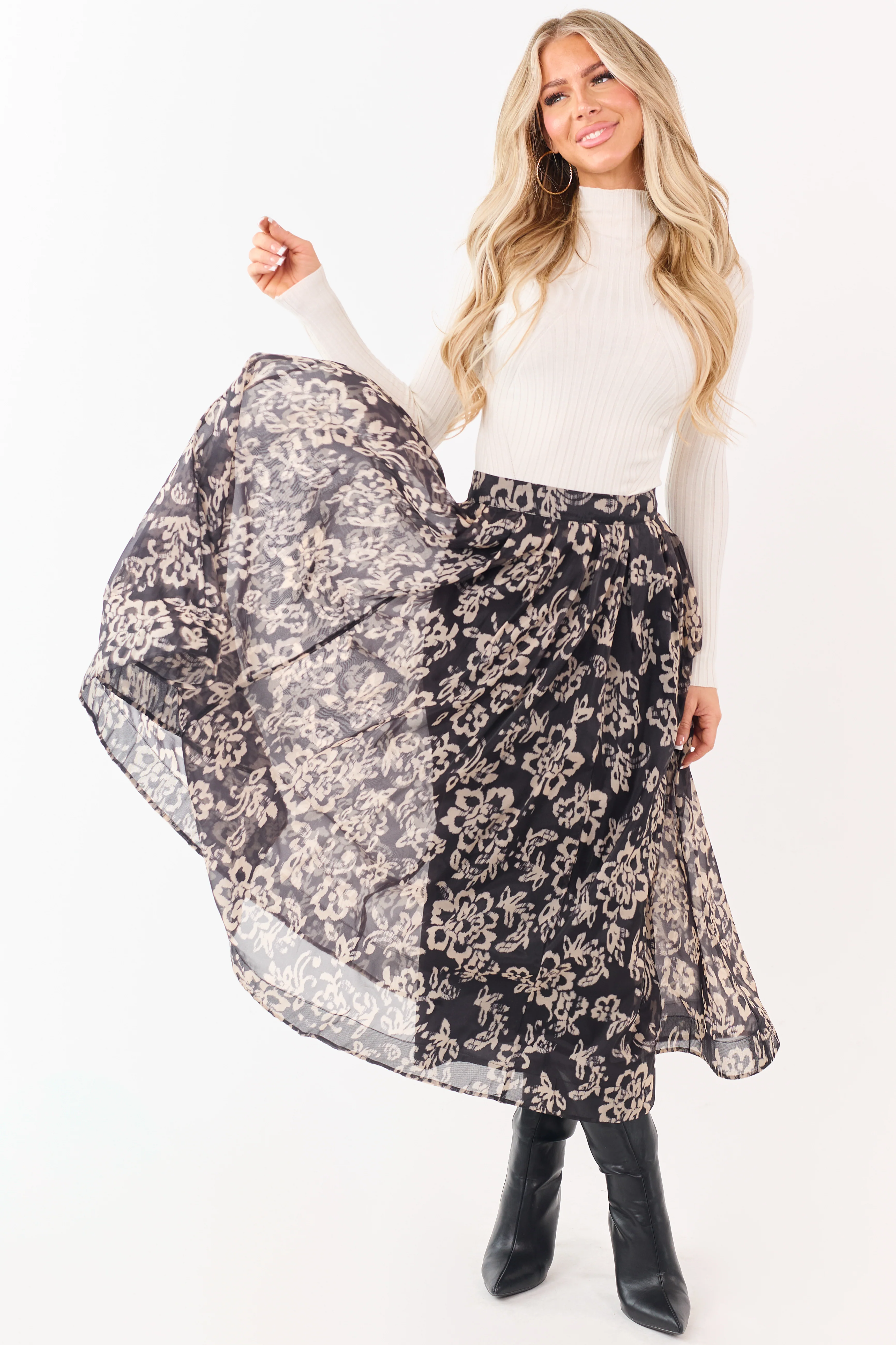 Black and Latte Floral Print Pleated Midi Skirt - Image 5