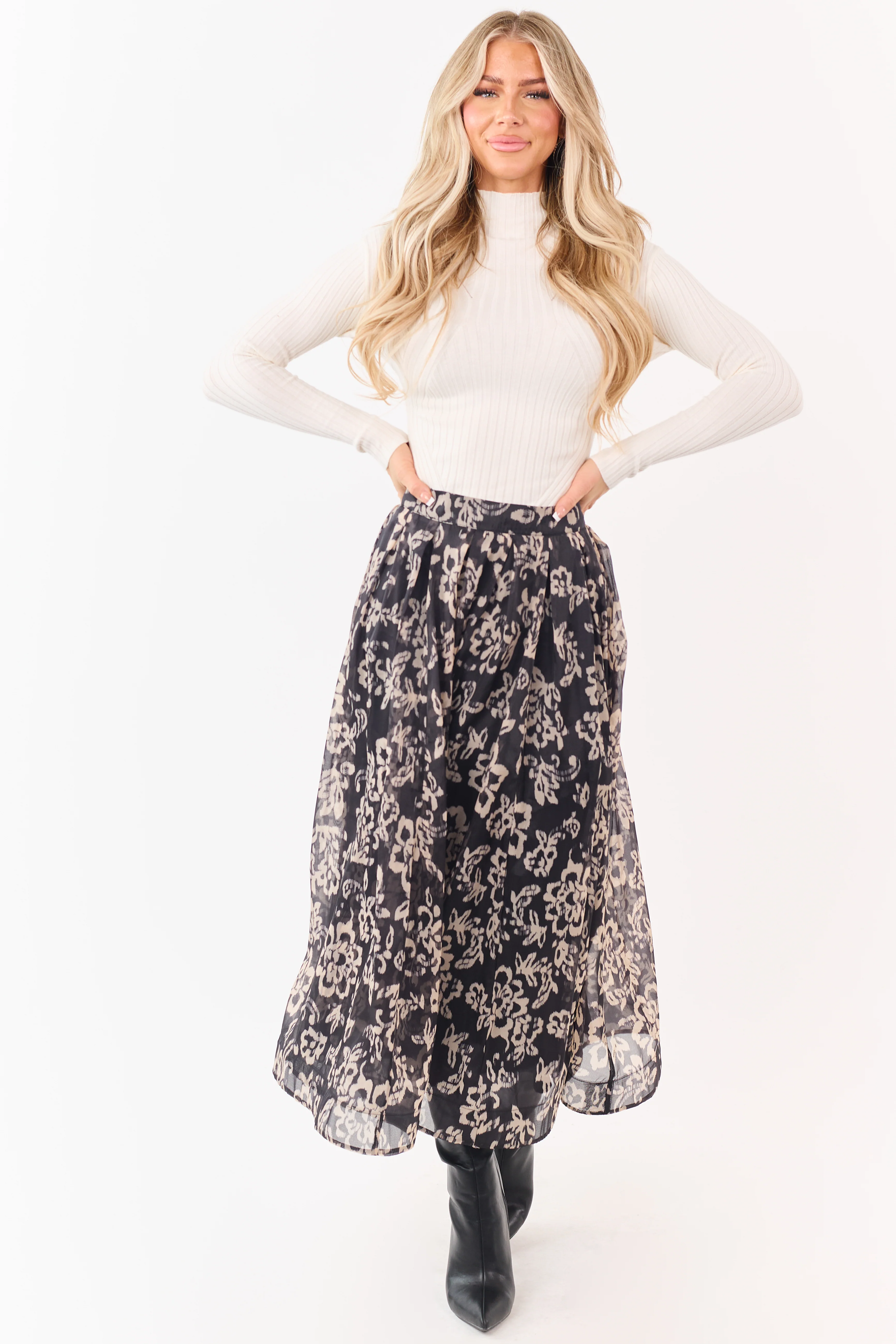 Black and Latte Floral Print Pleated Midi Skirt - Image 6