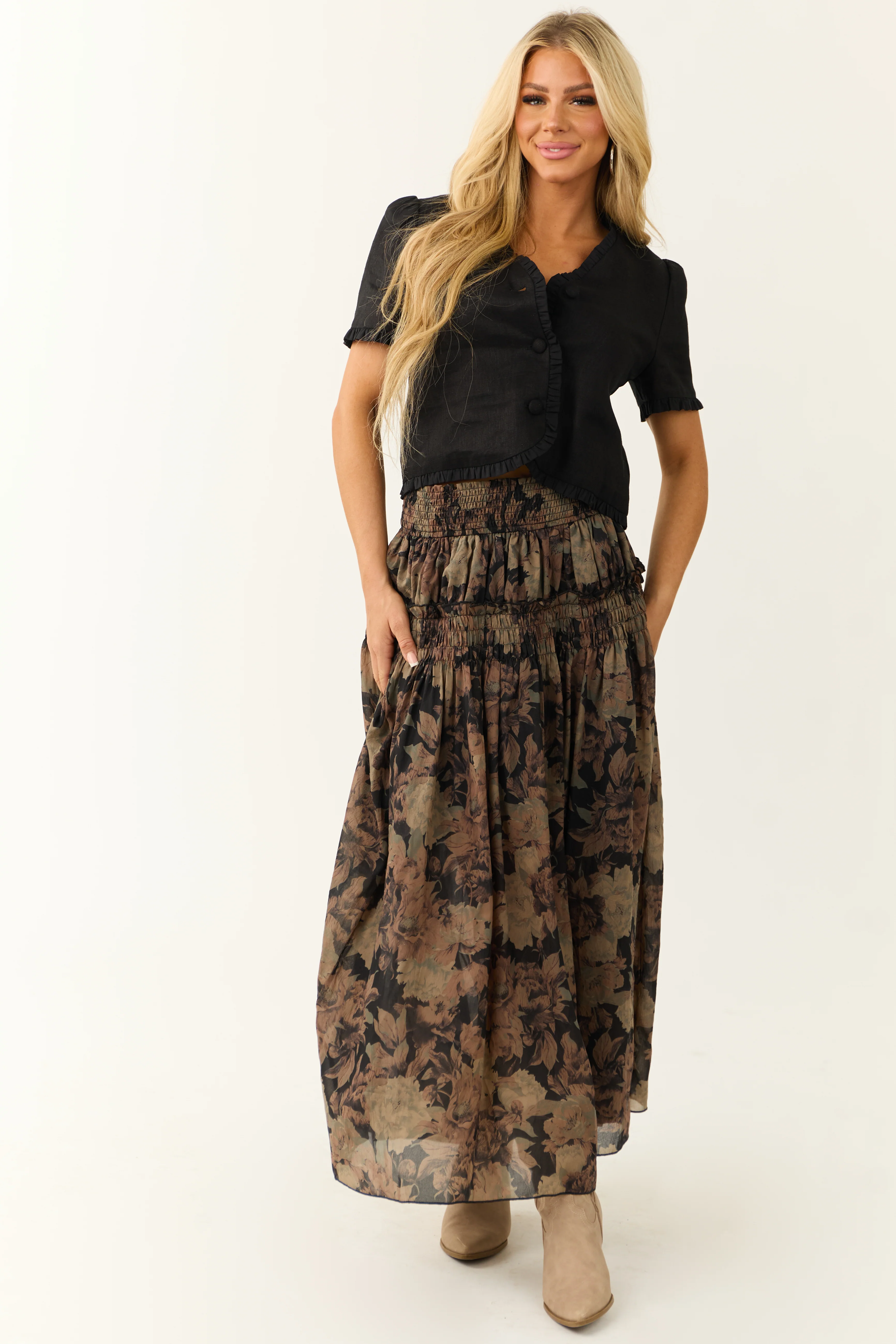Black Linen Short Sleeve Button Up Blouse - Image 2