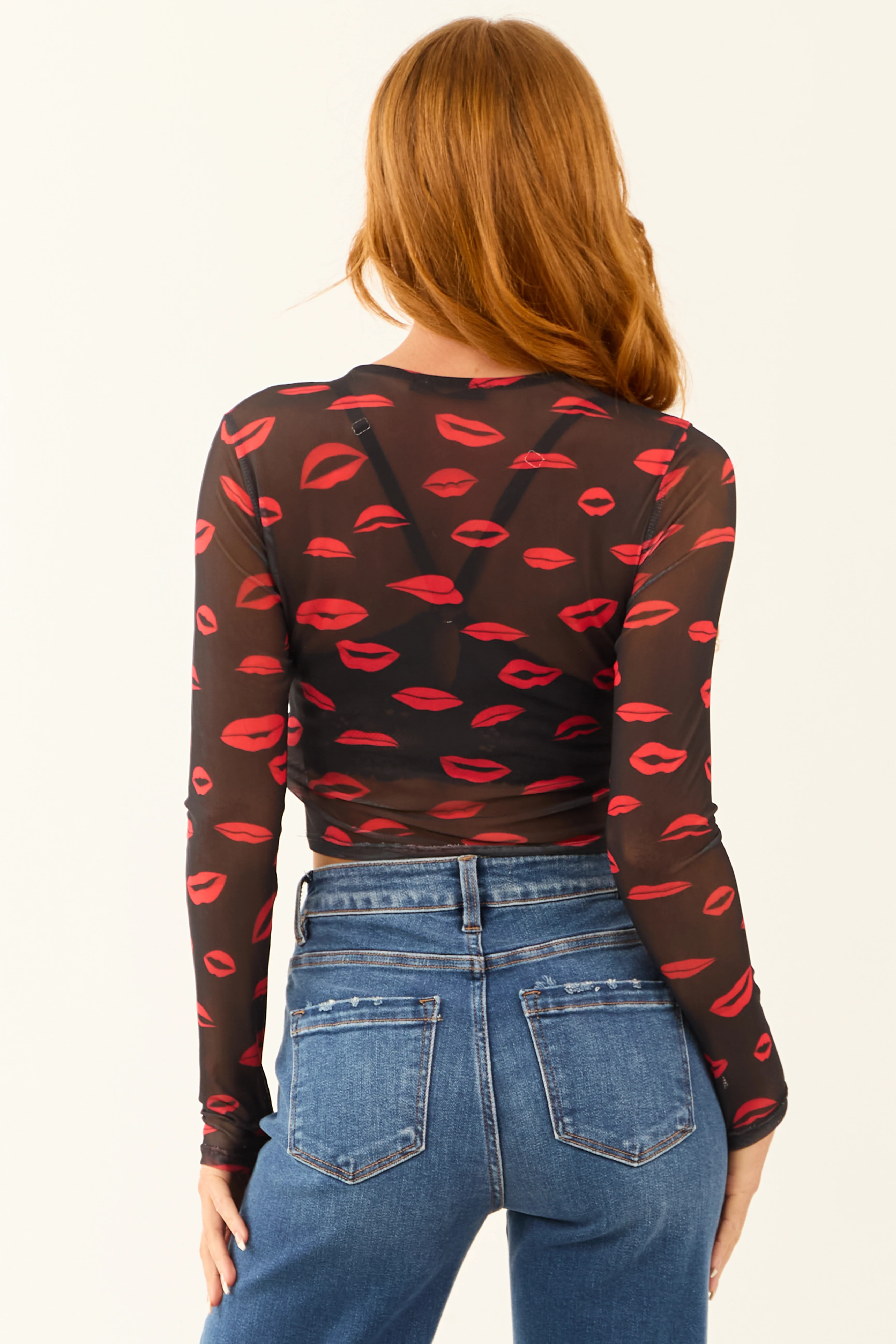 Black Lip Print Graphic Long Sleeve Mesh Top - Image 5