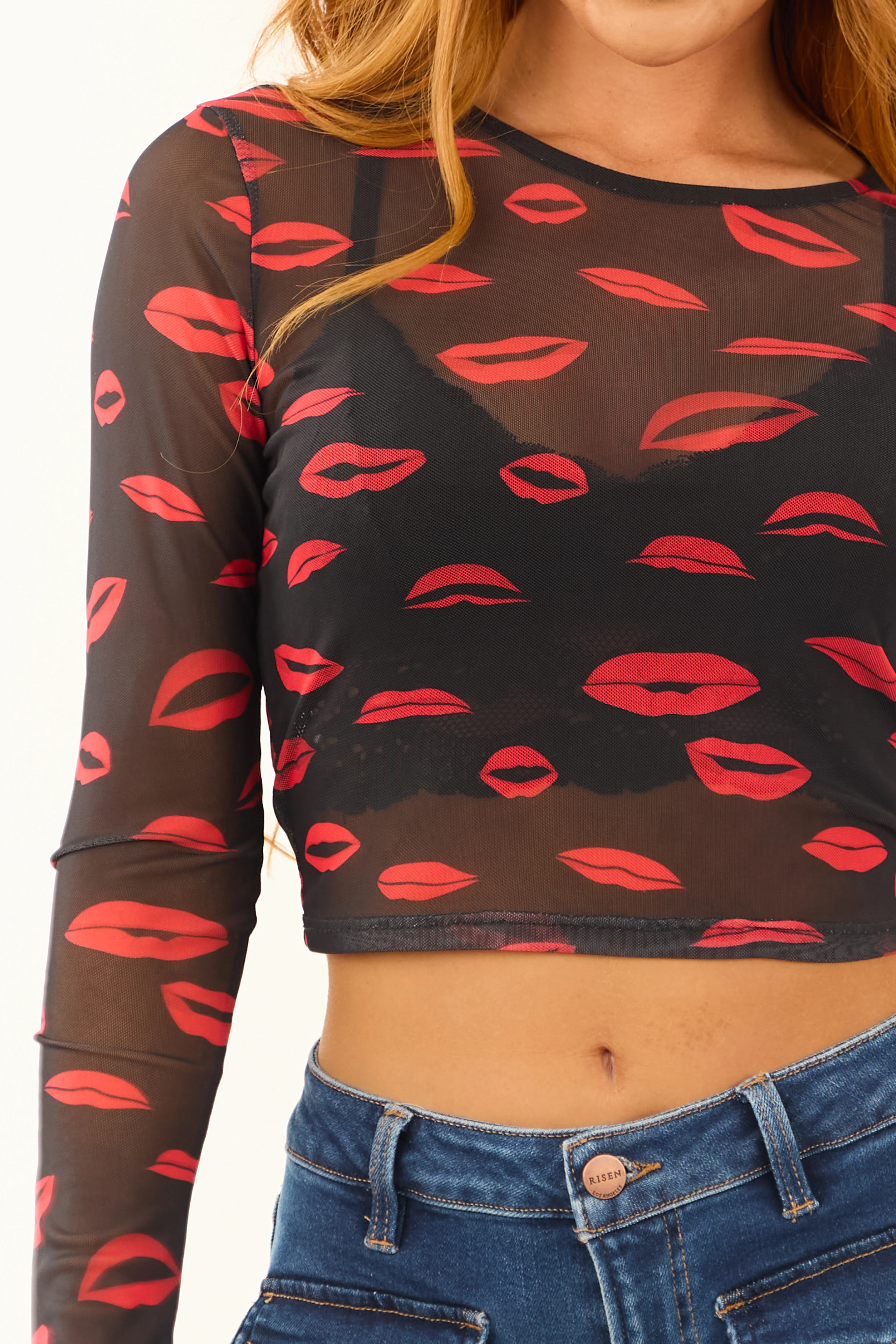Black Lip Print Graphic Long Sleeve Mesh Top - Image 6