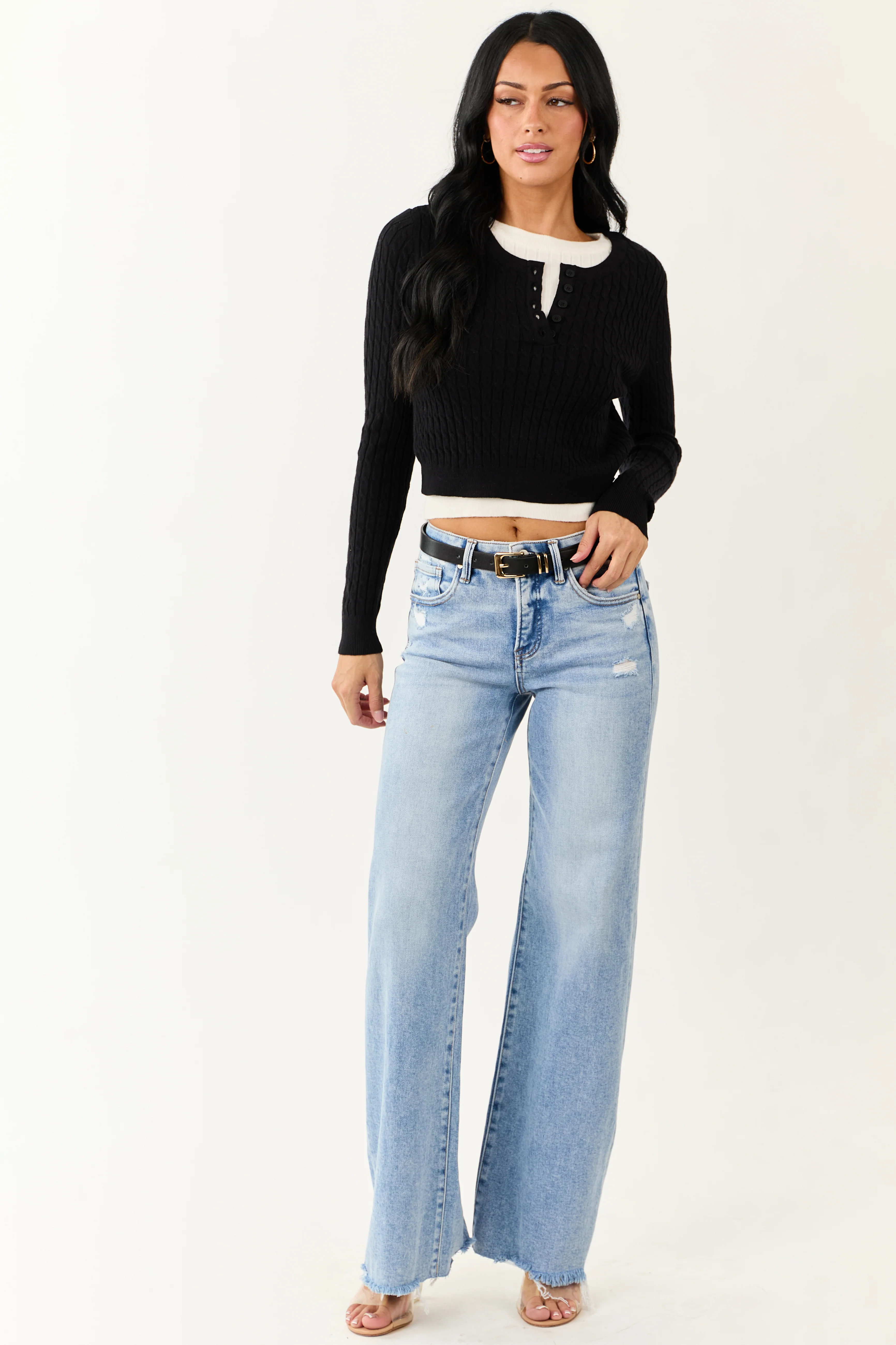 Black Long Sleeve Layered Cable Knit Sweater Top - Image 2