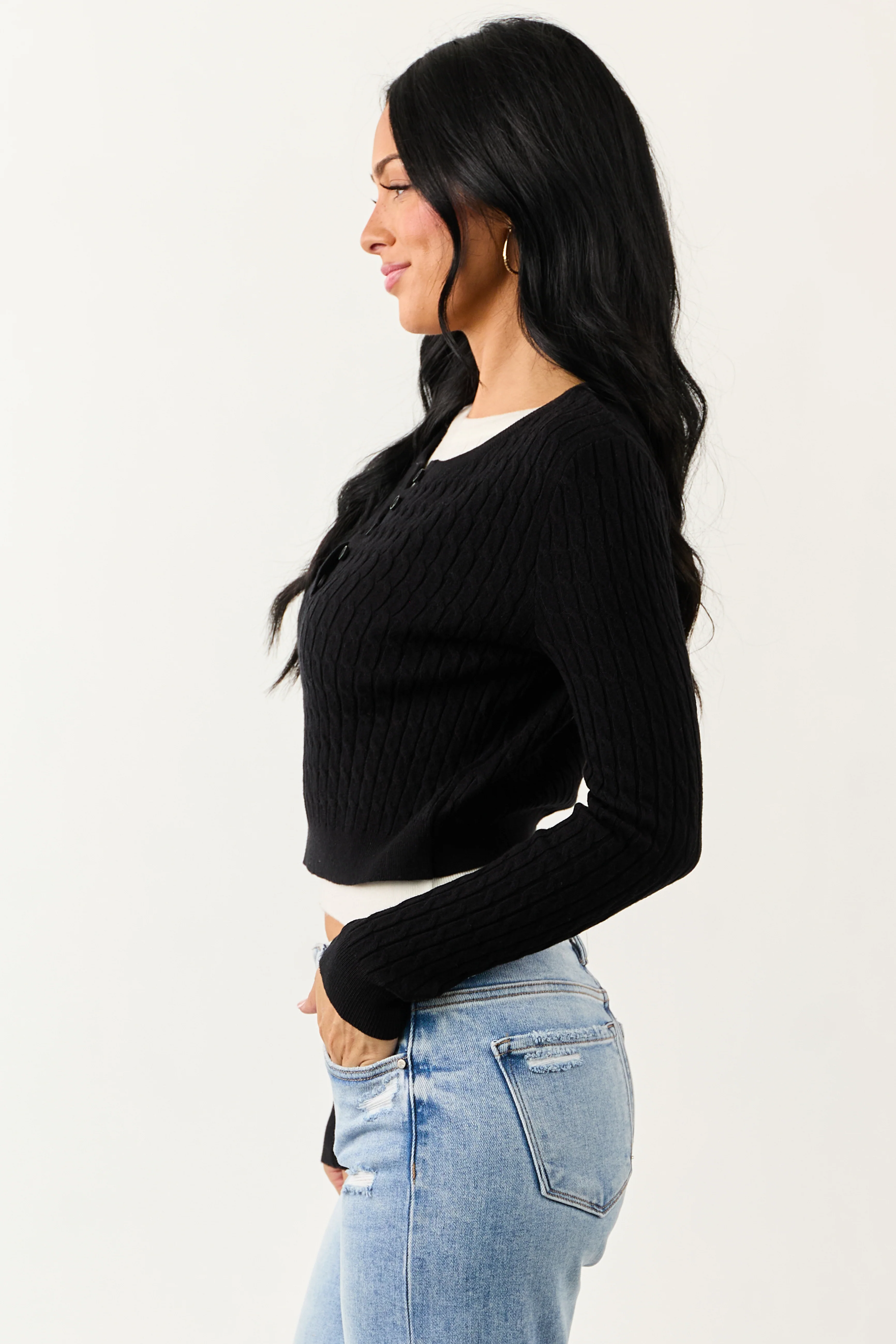 Black Long Sleeve Layered Cable Knit Sweater Top - Image 4