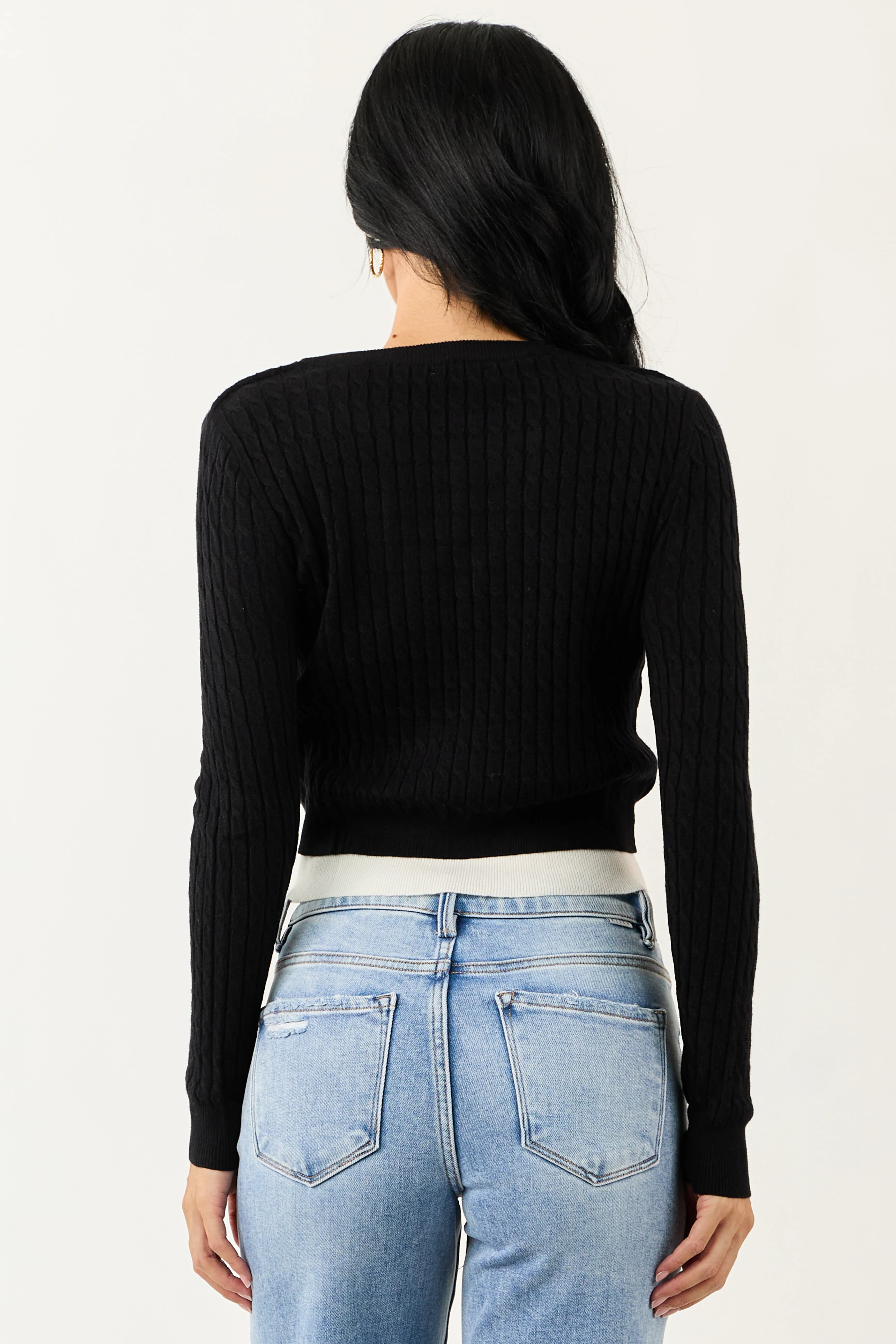Black Long Sleeve Layered Cable Knit Sweater Top - Image 5