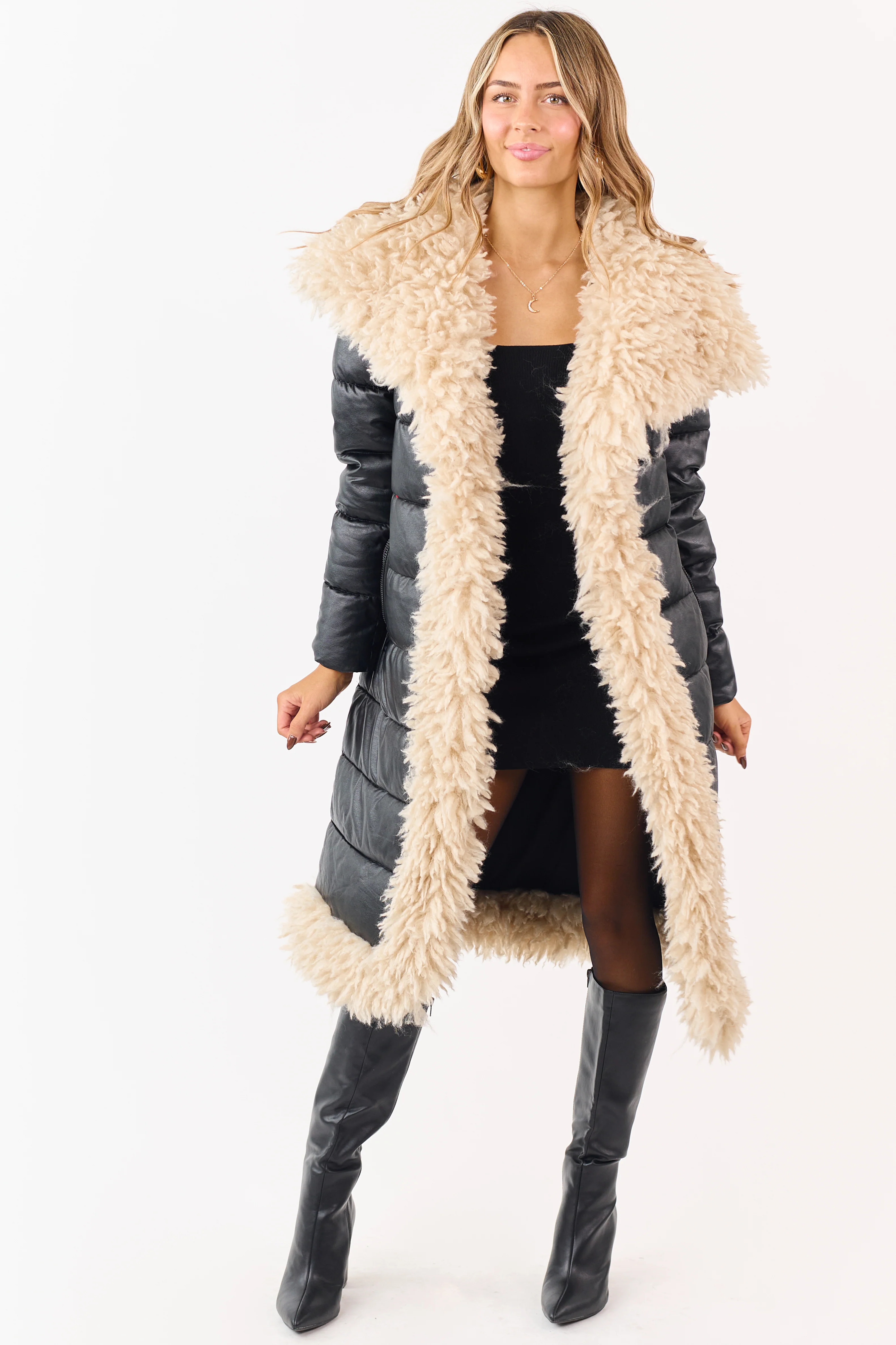 Black Longline Puffer Coat with Contrast Fur Trim - Image 7