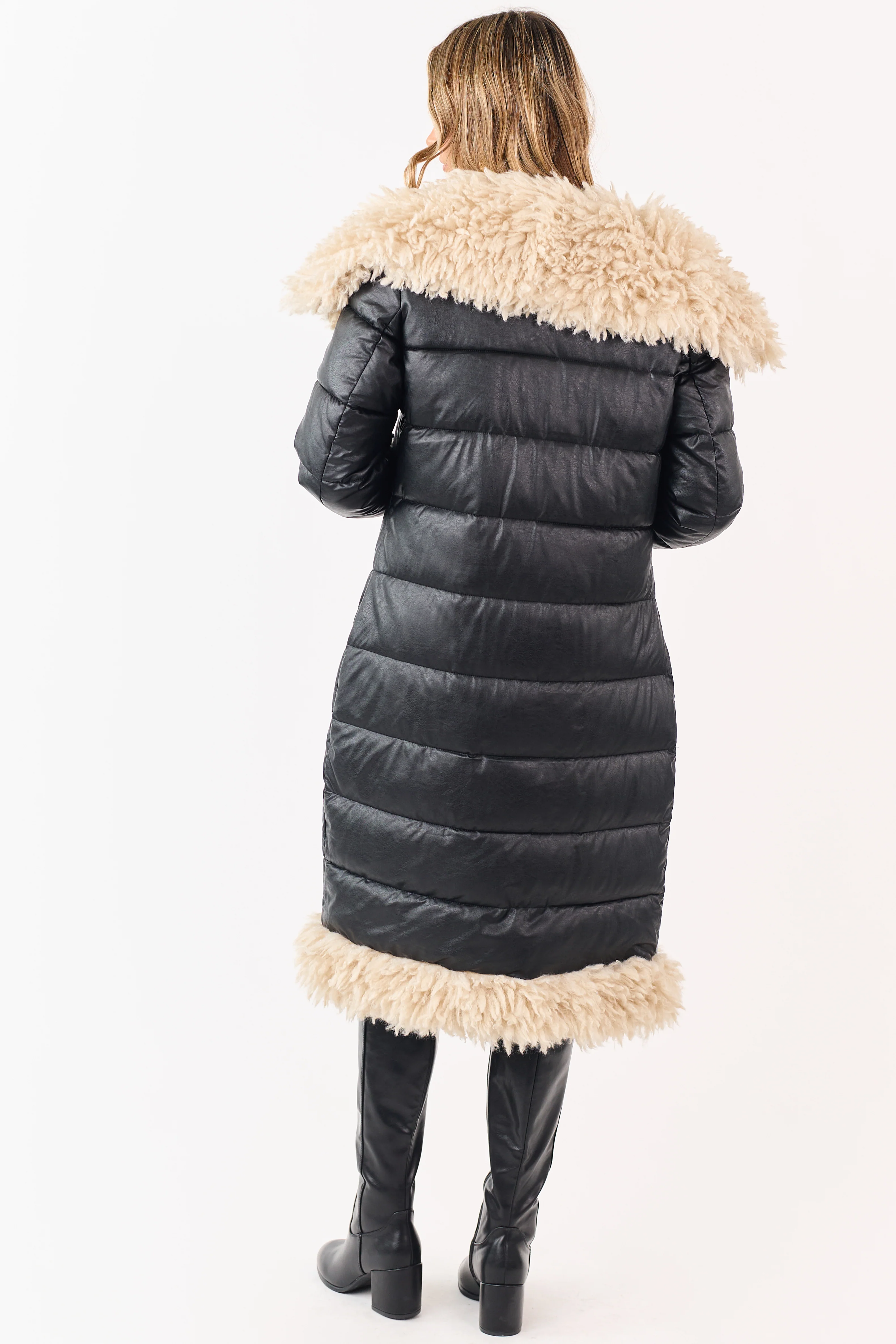 Black Longline Puffer Coat with Contrast Fur Trim - Image 9