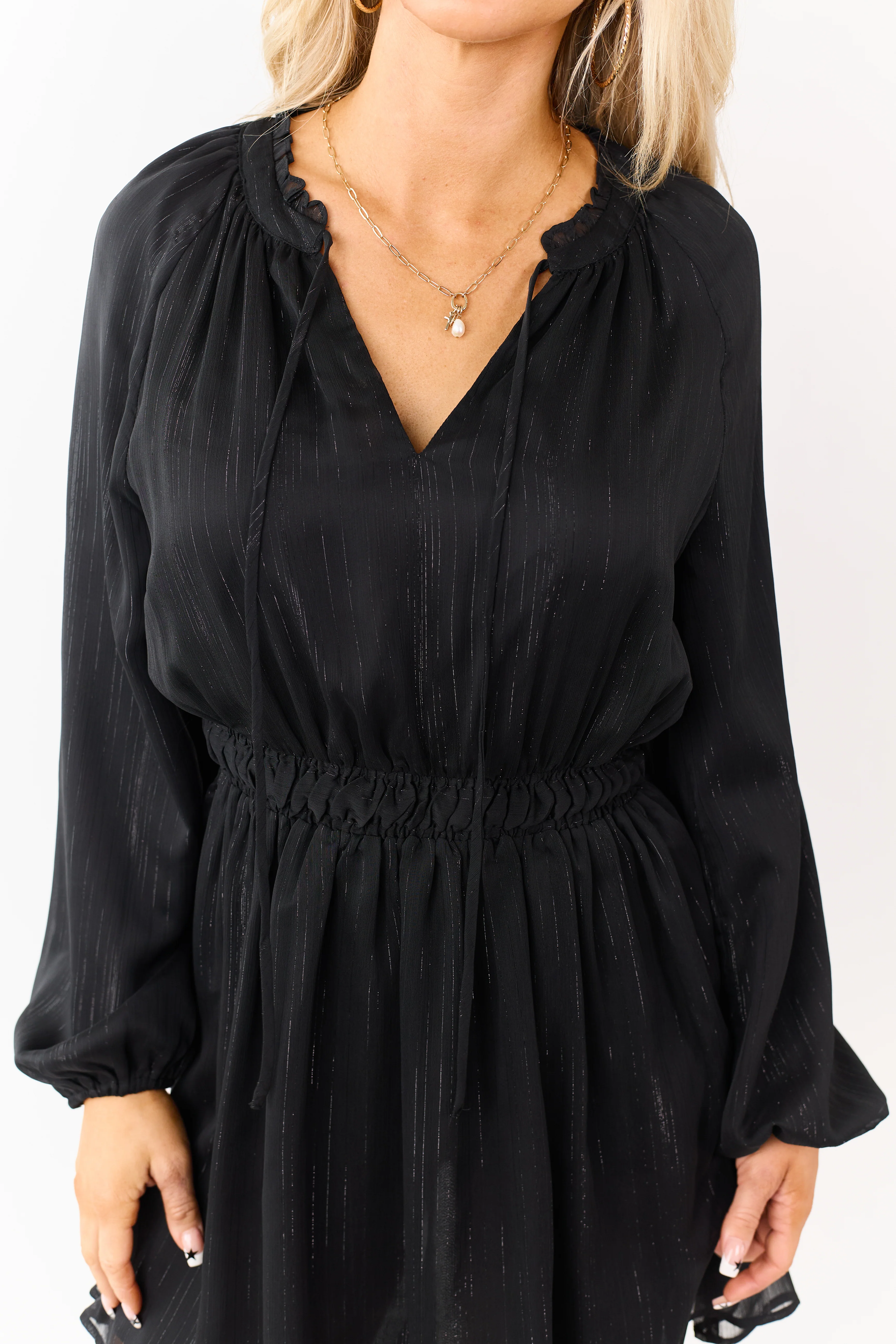Black Lurex Chiffon Flowy Long Sleeve Mini Dress - Image 6