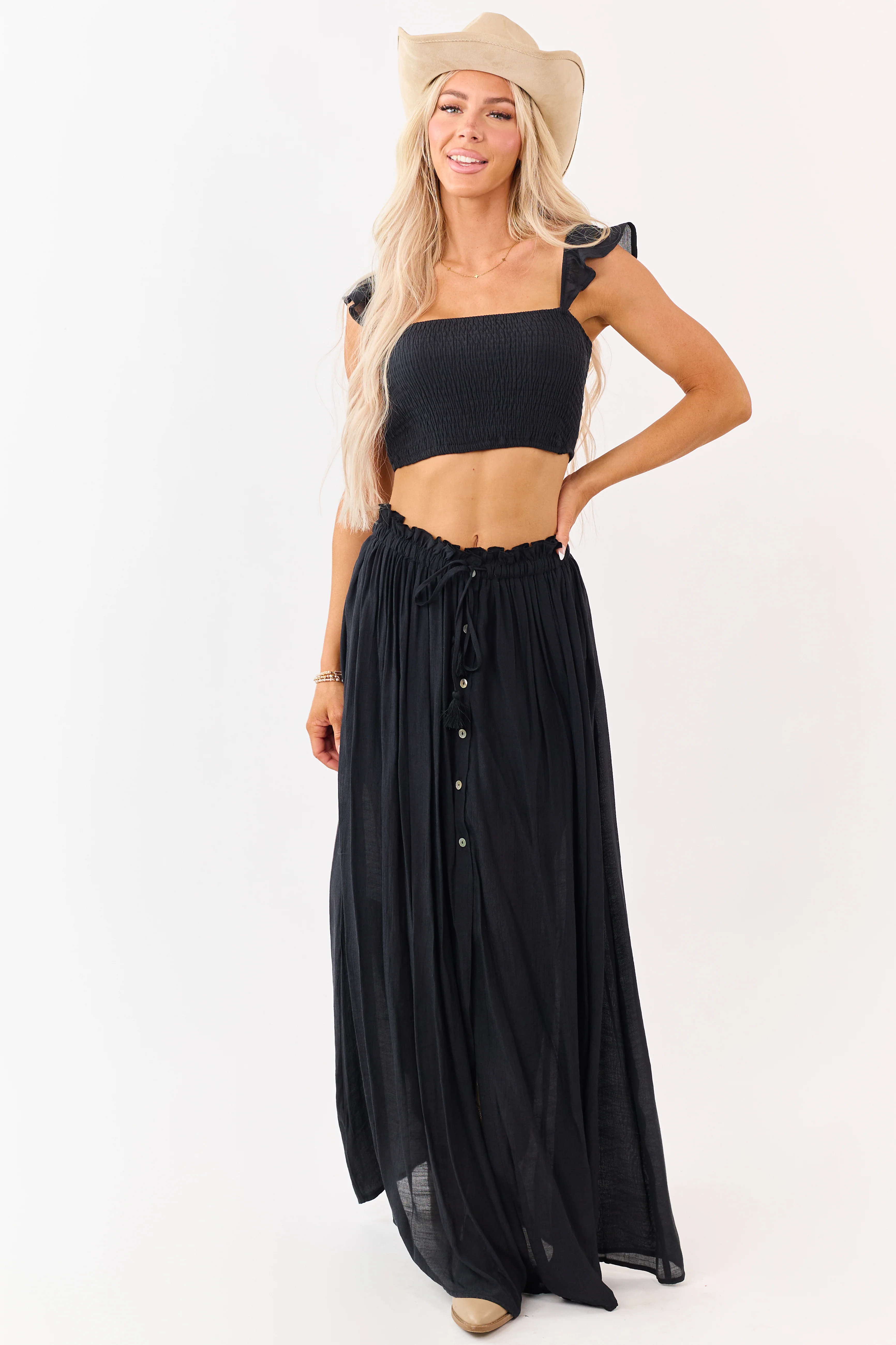 Black Maxi Skirt and Smocked Crop Top Set - Image 2
