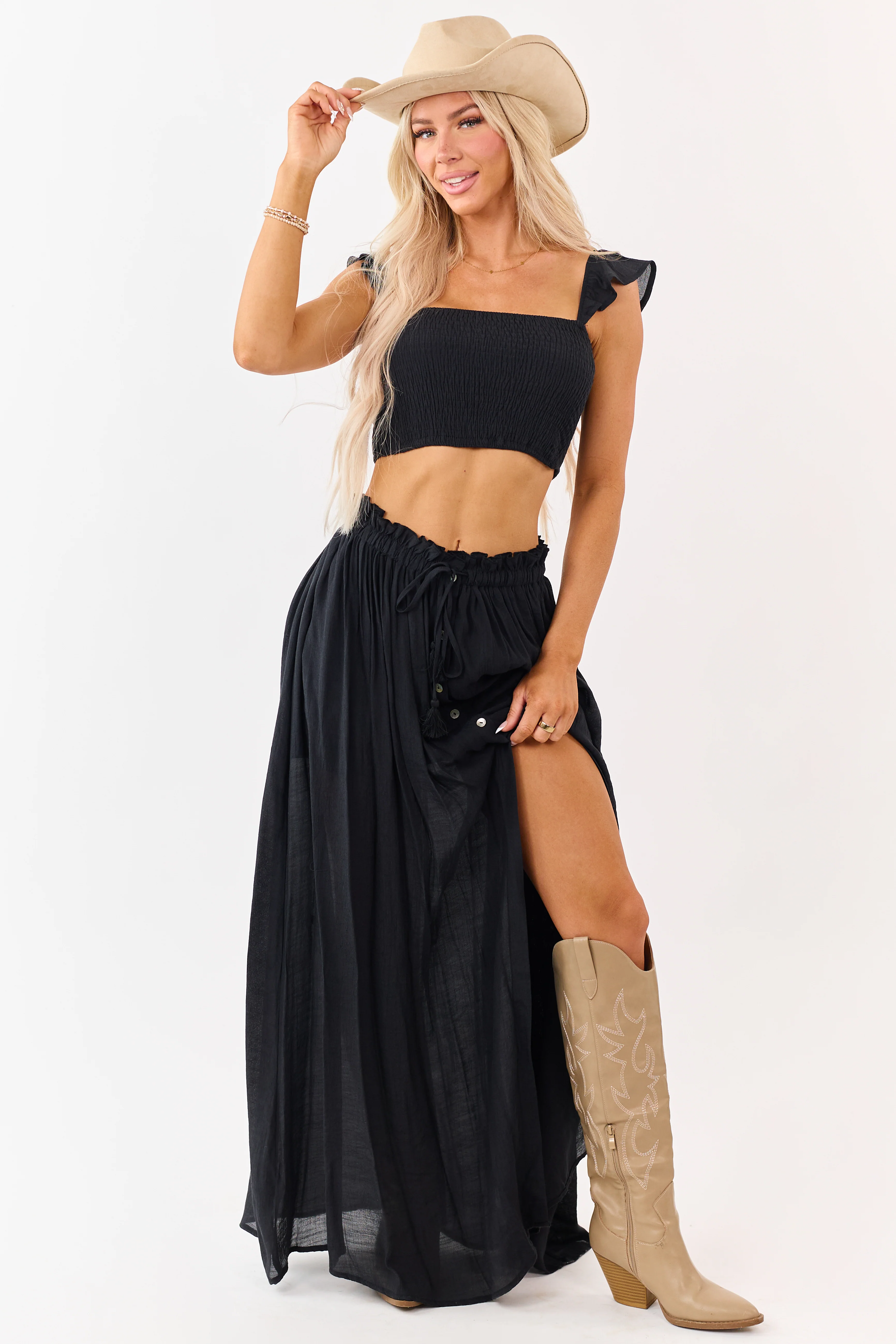 Black Maxi Skirt and Smocked Crop Top Set - Image 3