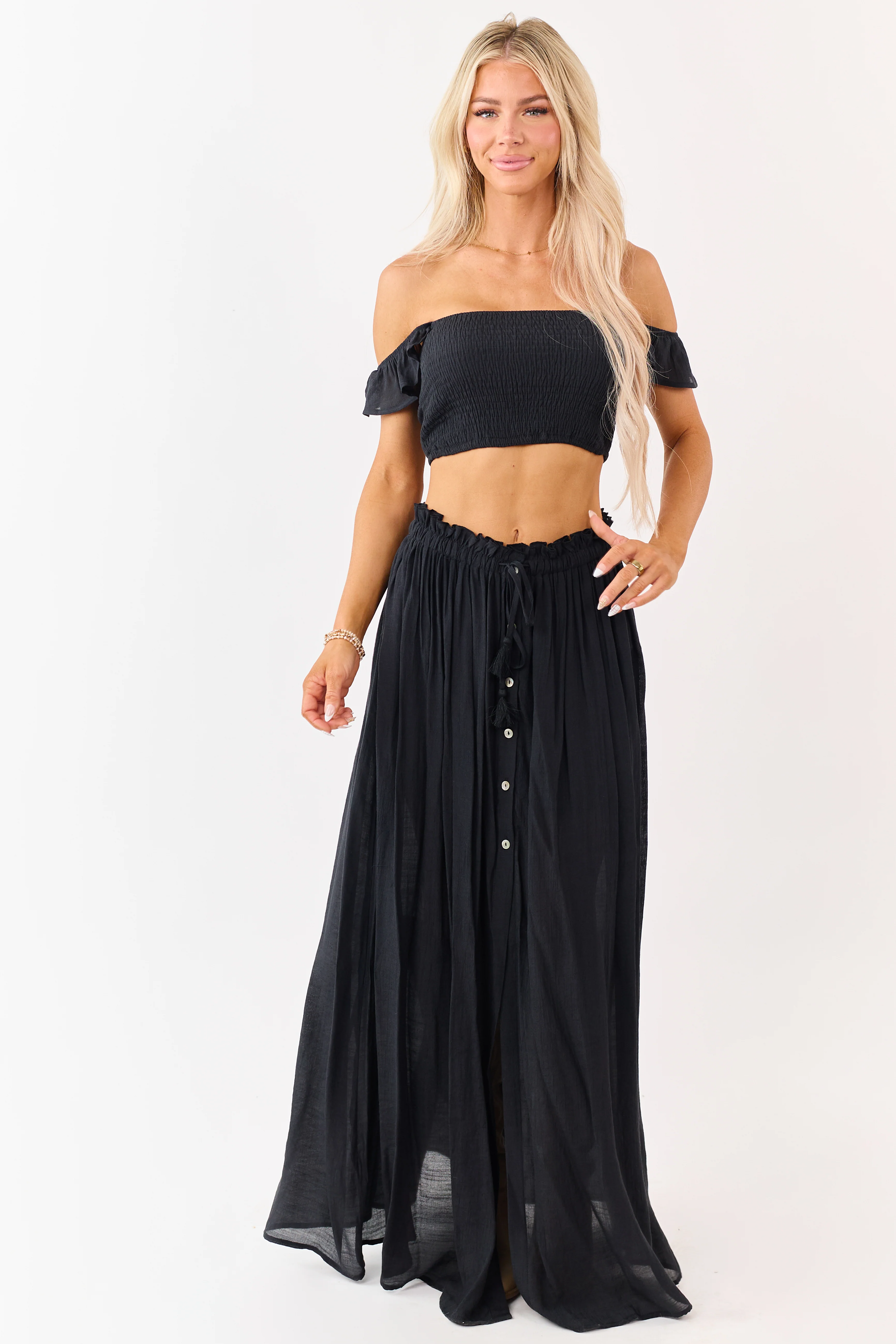 Black Maxi Skirt and Smocked Crop Top Set - Image 4