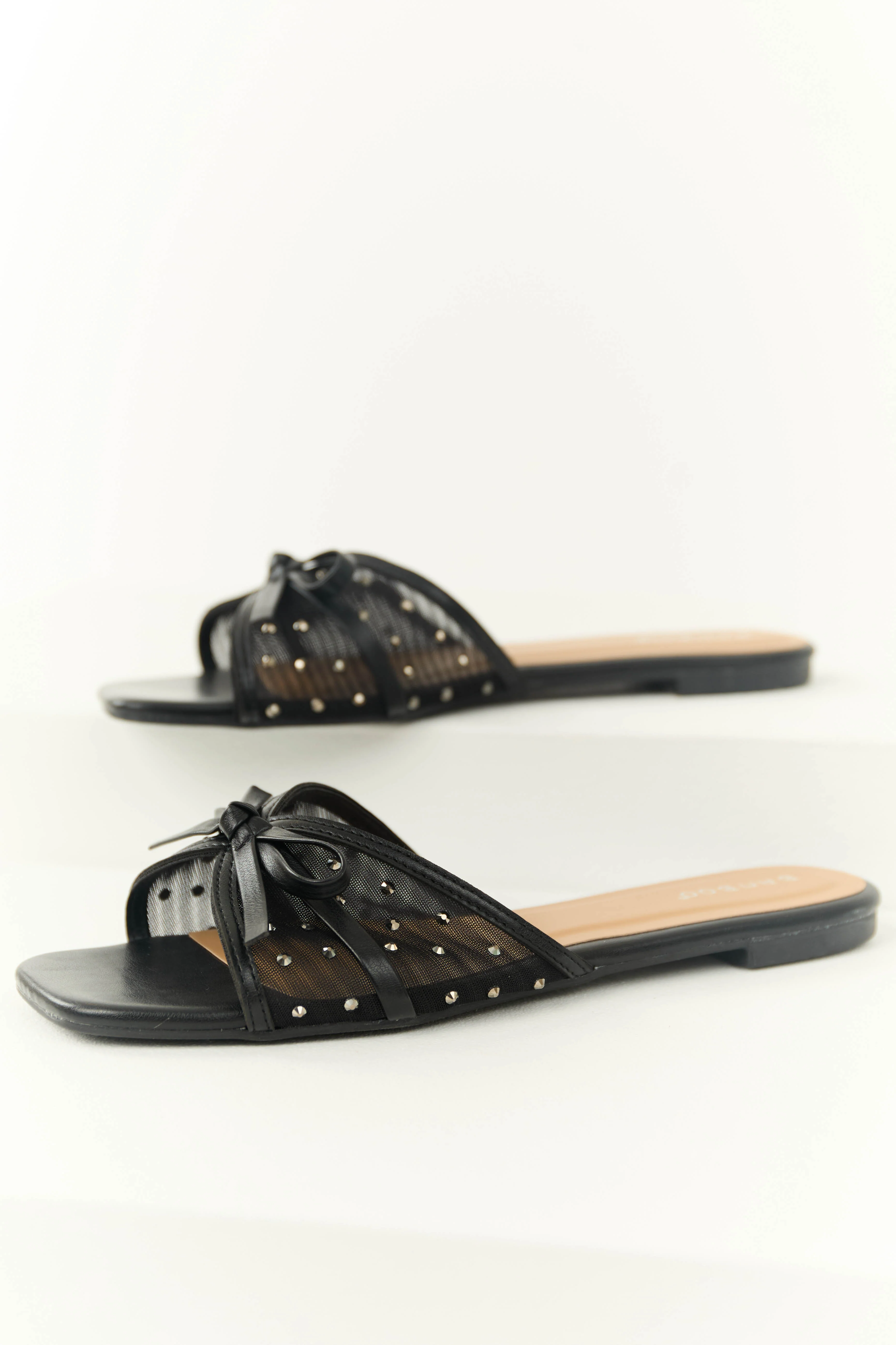 Black Mesh Rhinestone Strap Slip On Sandals - Image 2