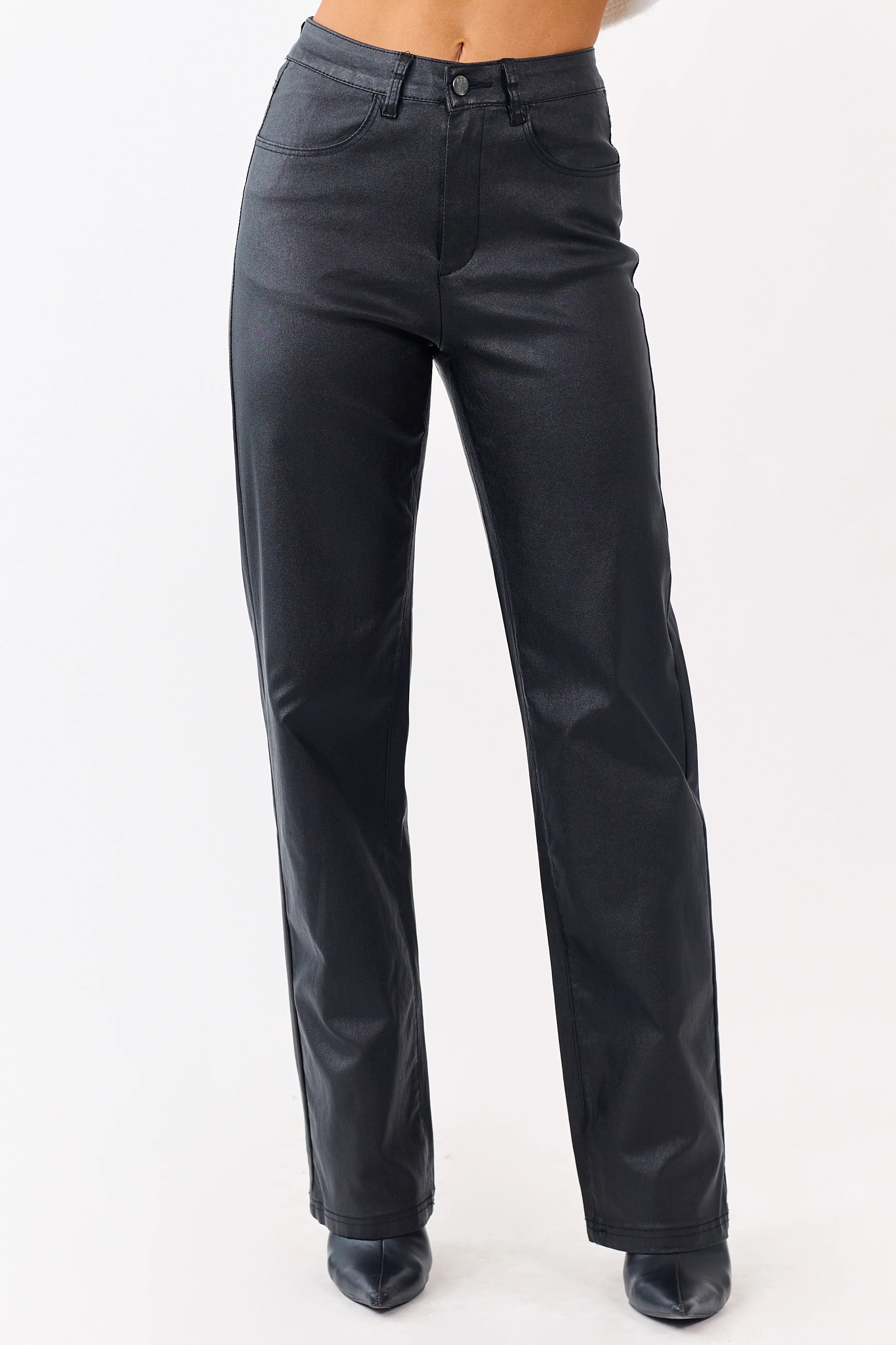 Black Metallic Faux Leather Stretchy Straight Pants - Image 3