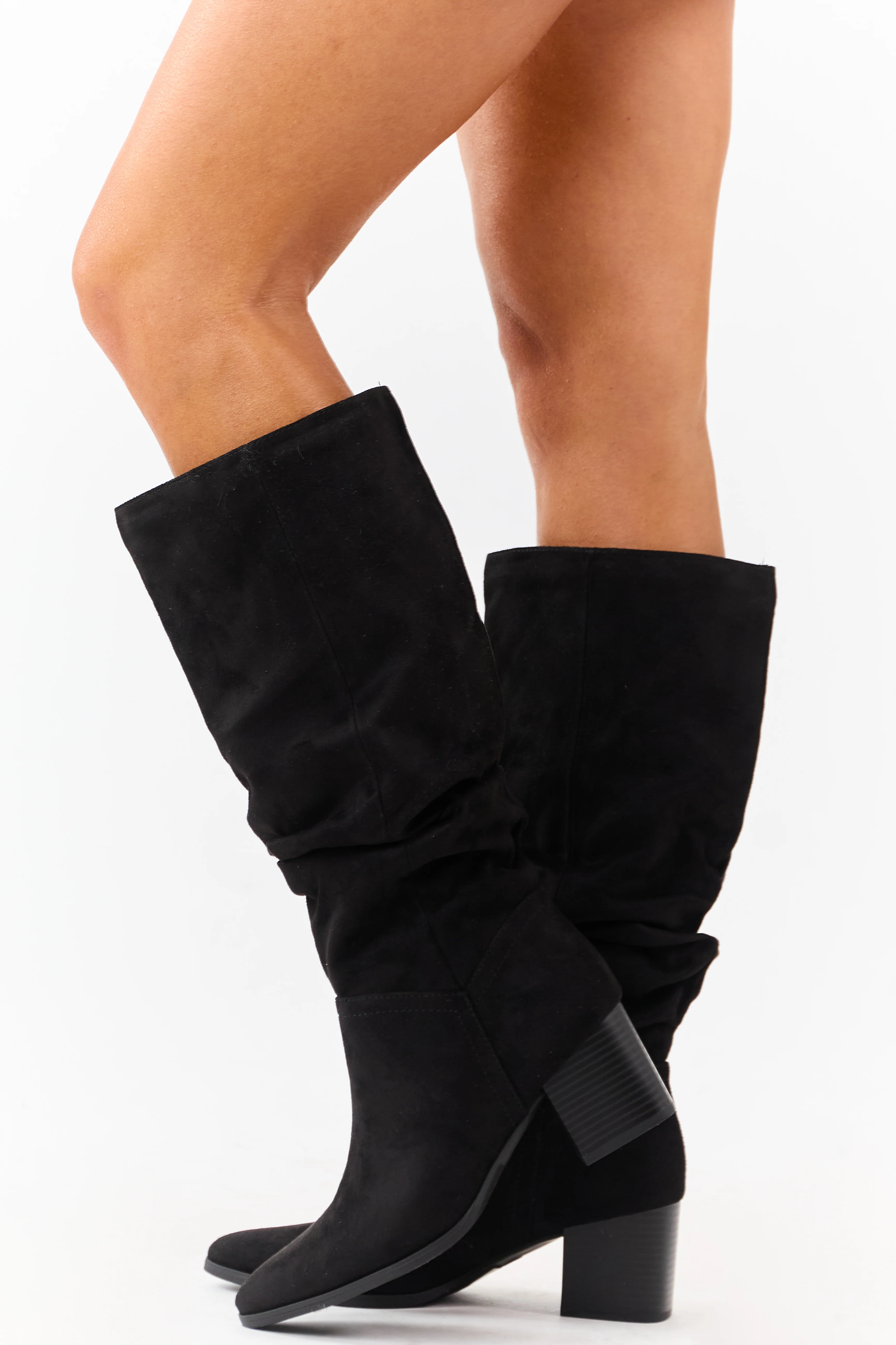 Black Microsuede Slouch Block Heel Tall Boots - Image 5