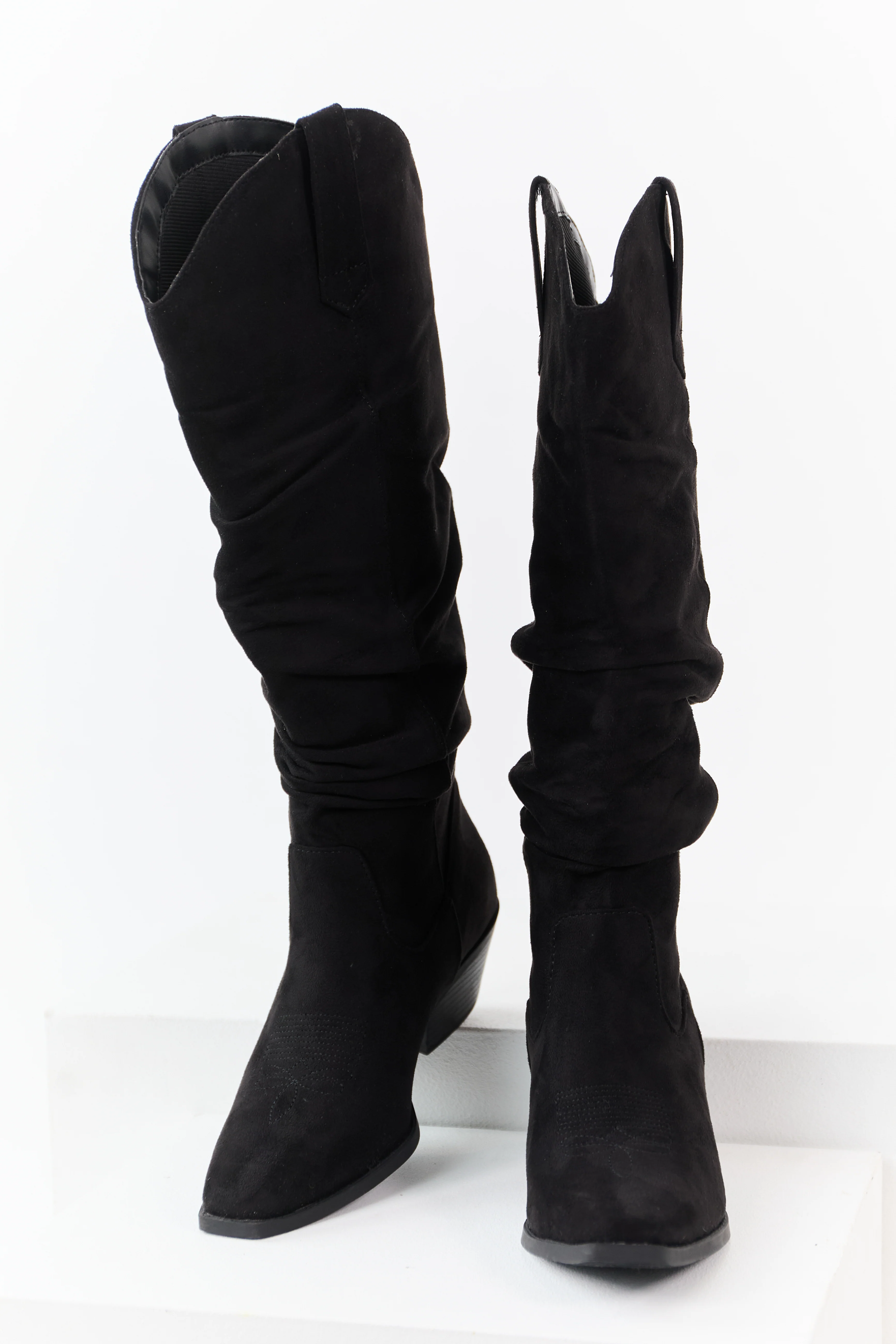 Black Microsuede Western Style Slouch Tall Boots - Image 2