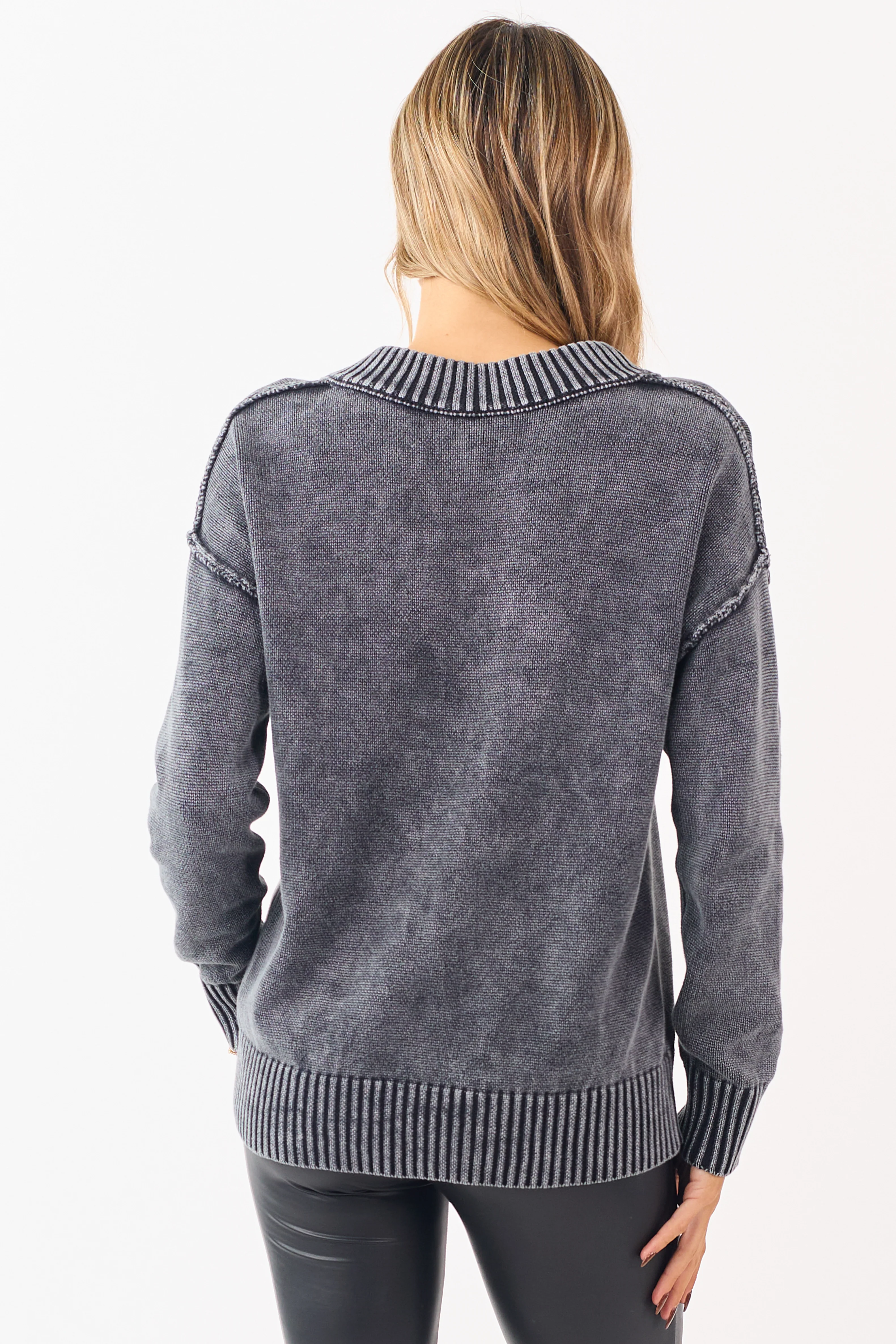 Black Mineral Washed Cotton Knit V-Neck Sweater - Image 5