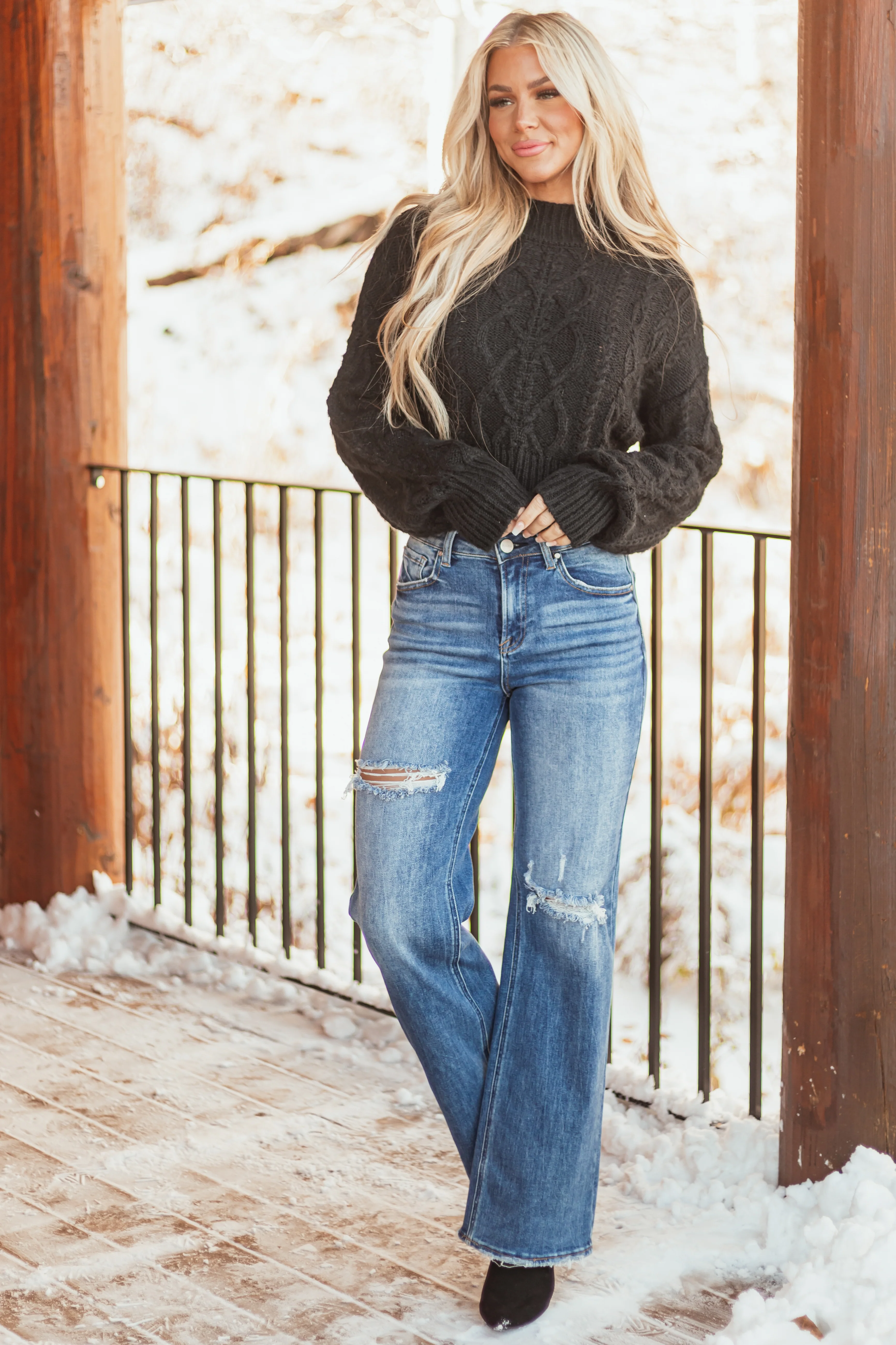 Black Mock Neck Cable Knit Sweater - Image 3