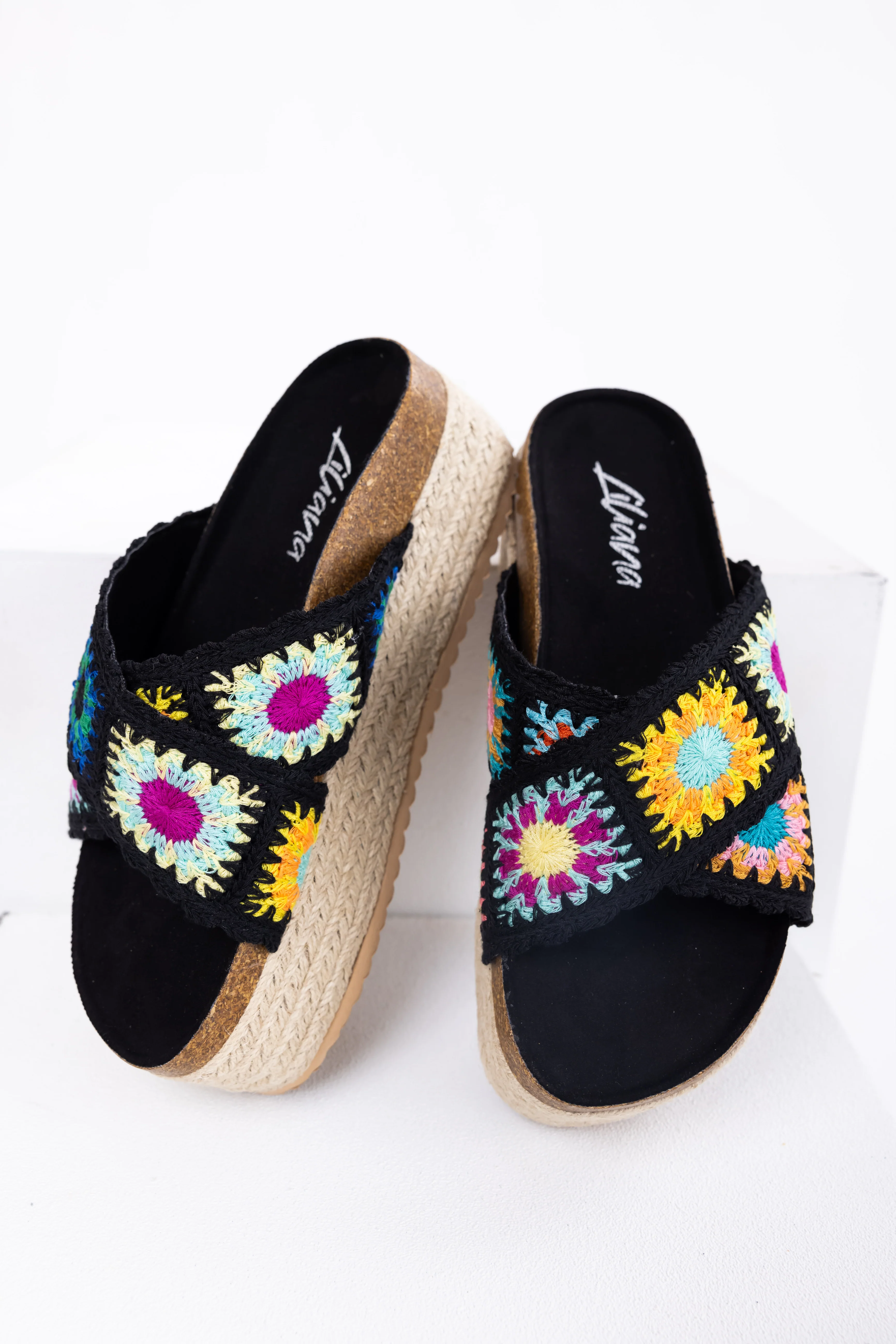 Black Multicolor Crochet Espadrille Sandals - Image 2
