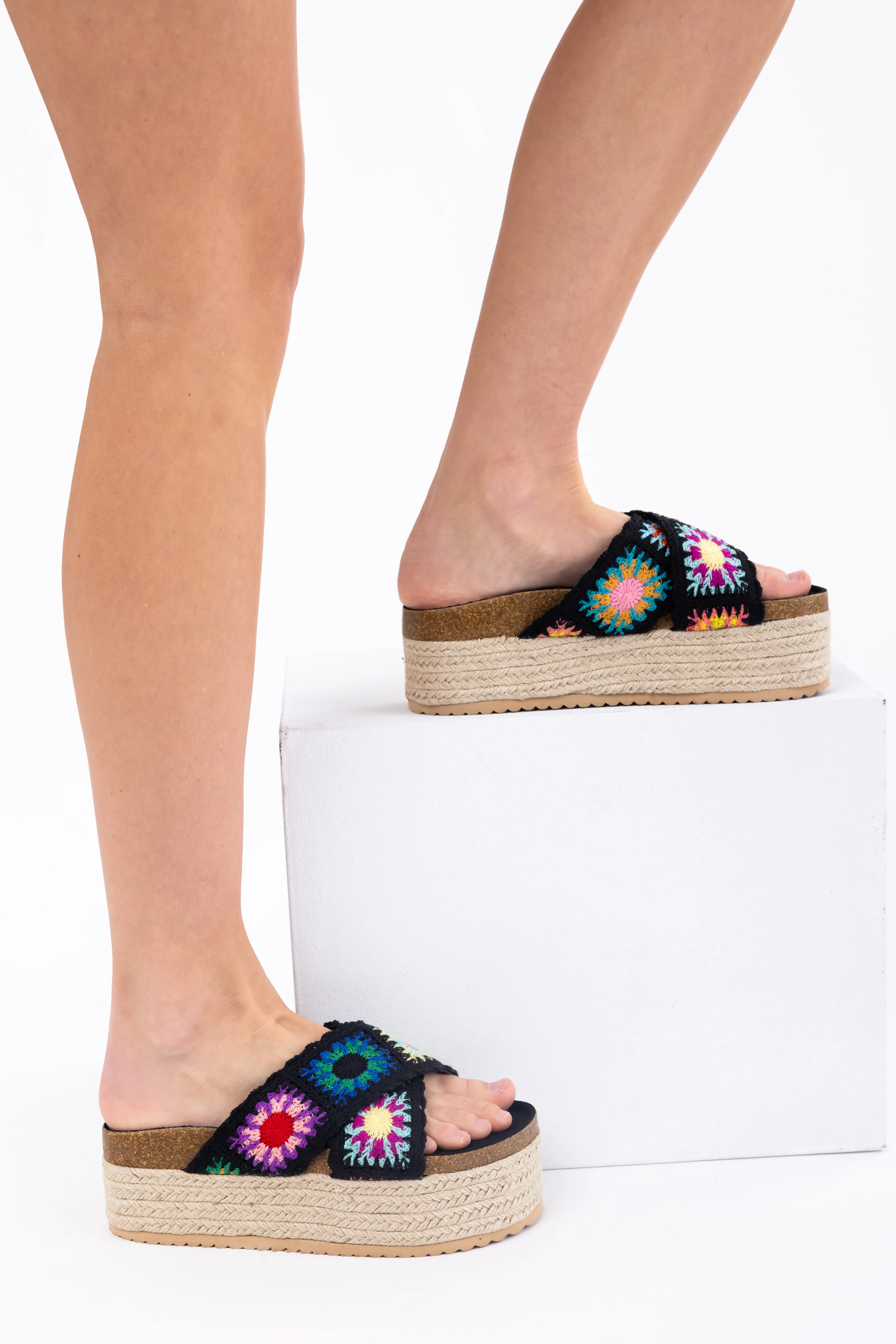 Black Multicolor Crochet Espadrille Sandals - Image 4