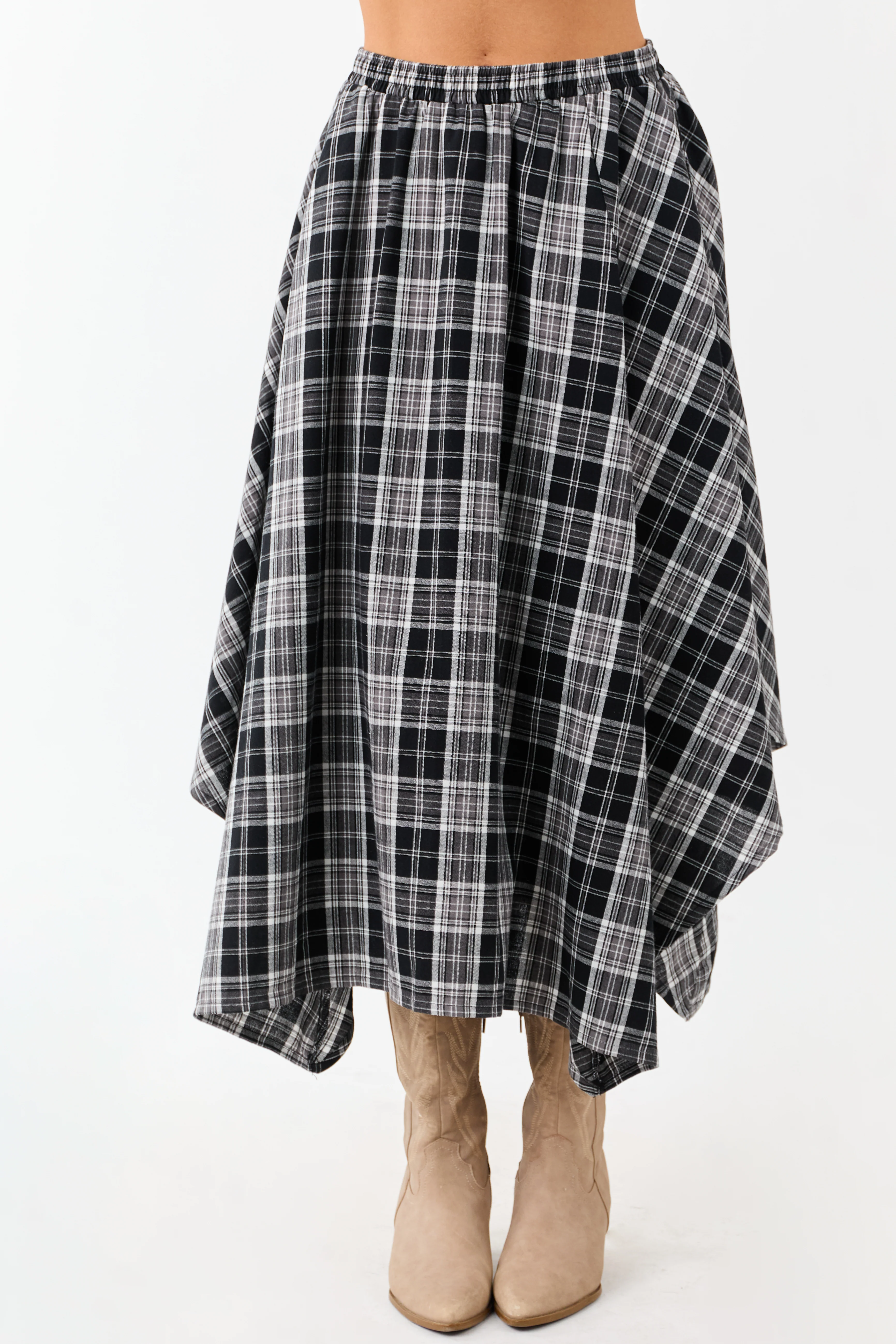 Black and Off White Plaid Cotton Midi Skirt - Image 3