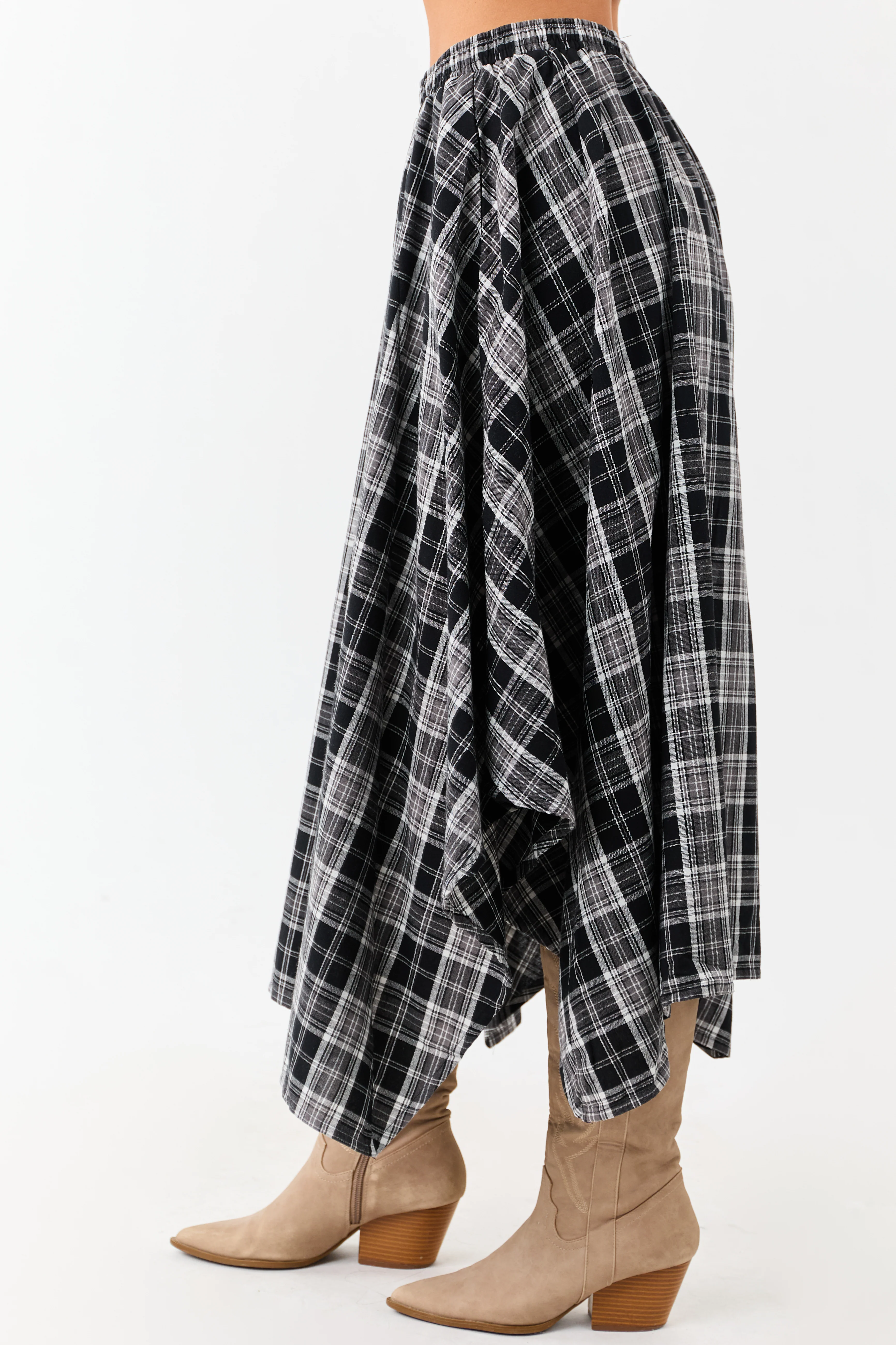 Black and Off White Plaid Cotton Midi Skirt - Image 4
