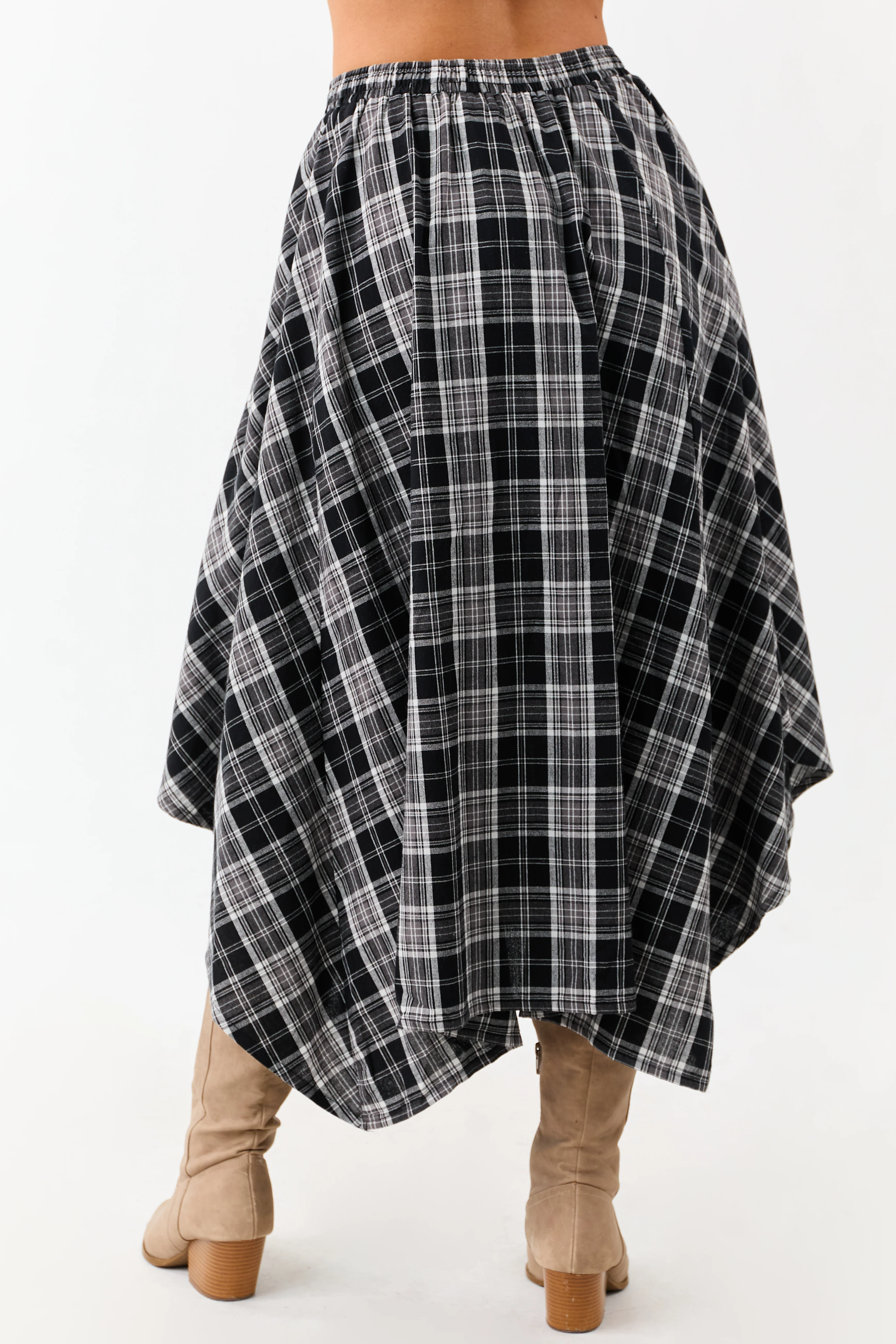Black and Off White Plaid Cotton Midi Skirt - Image 5