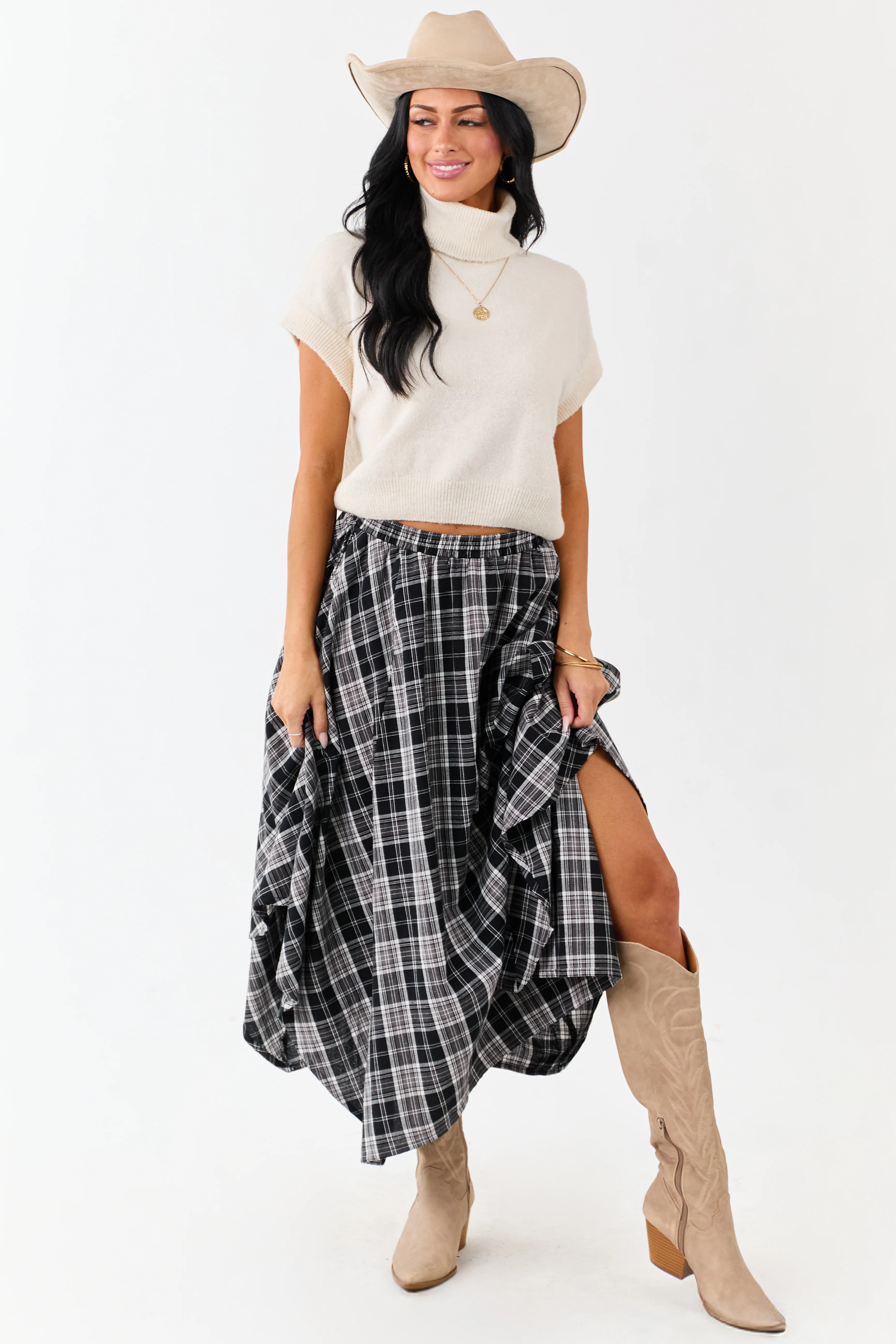 Black and Off White Plaid Cotton Midi Skirt - Image 6