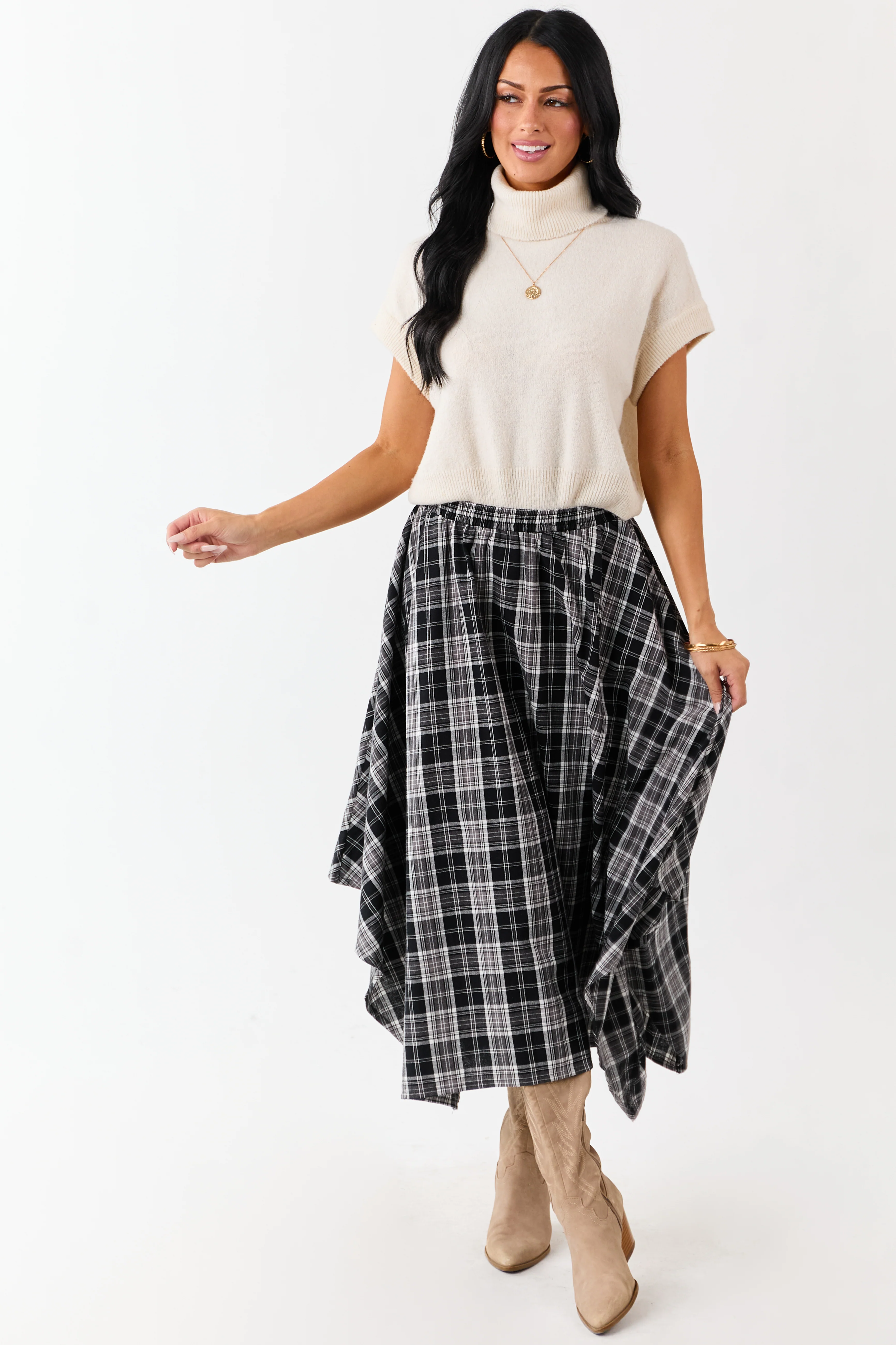 Black and Off White Plaid Cotton Midi Skirt - Image 7