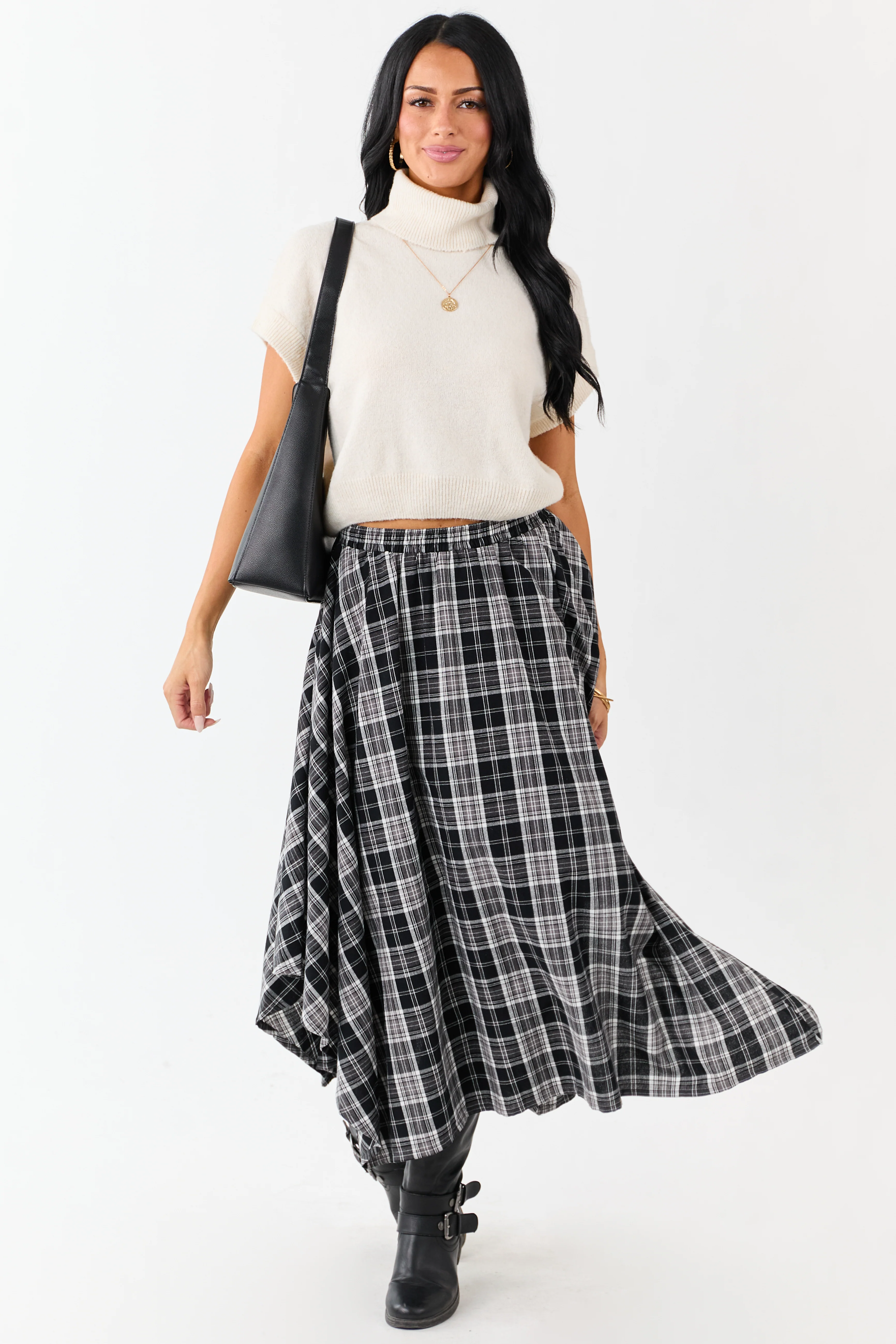 Black and Off White Plaid Cotton Midi Skirt - Image 8