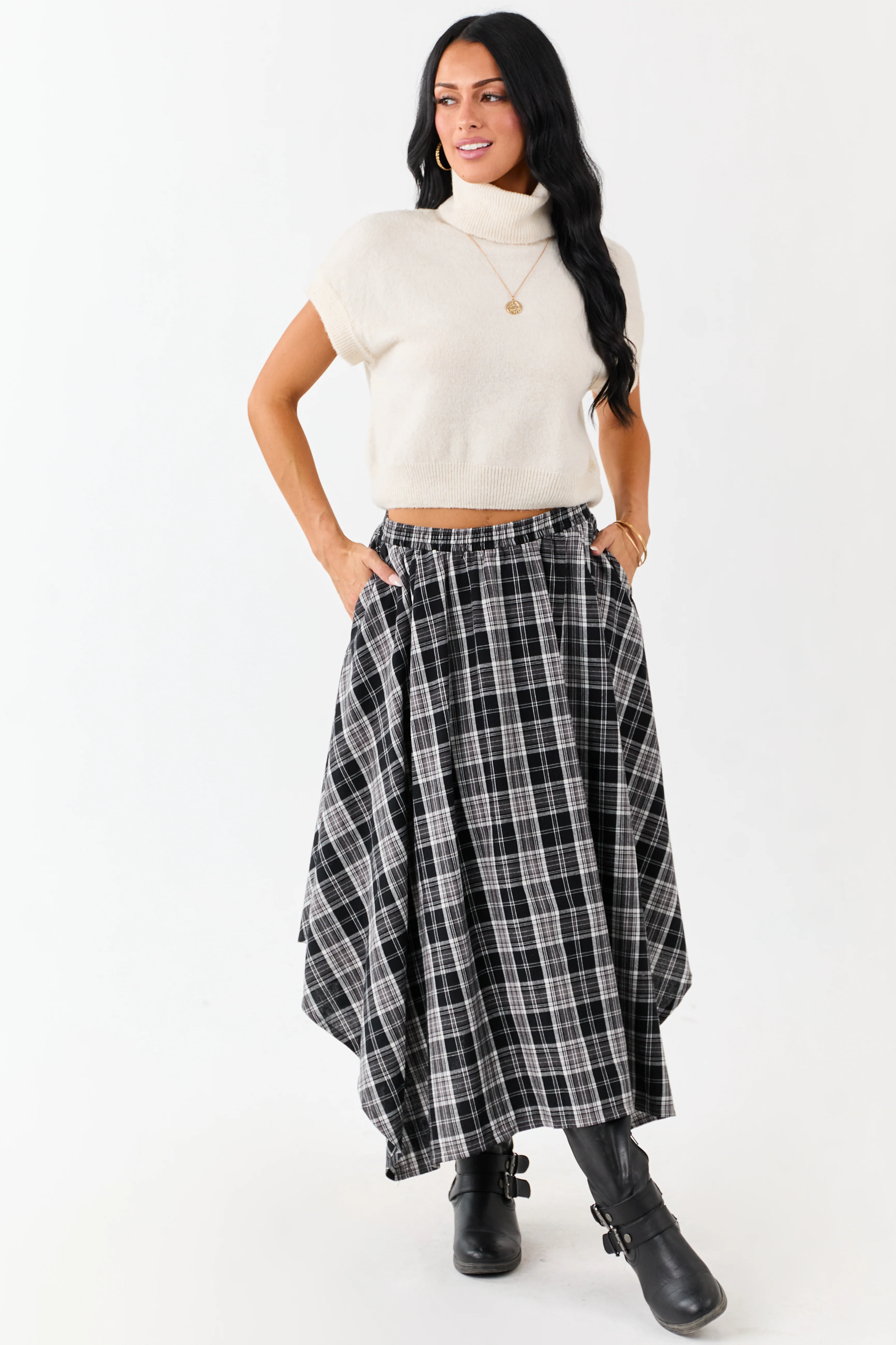 Black and Off White Plaid Cotton Midi Skirt - Image 9