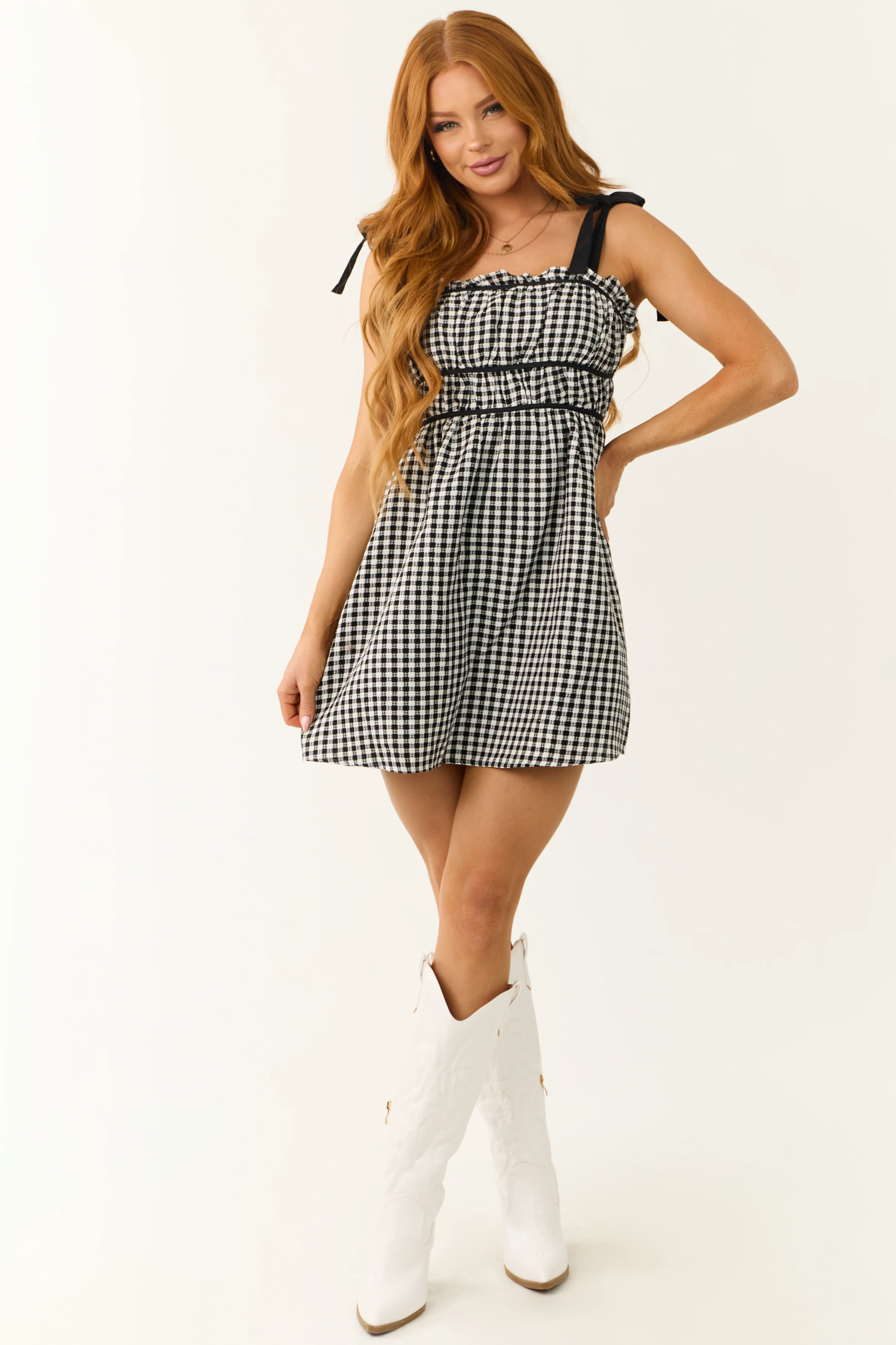 Black and Off White Plaid Tie Strap Mini Dress - Image 3