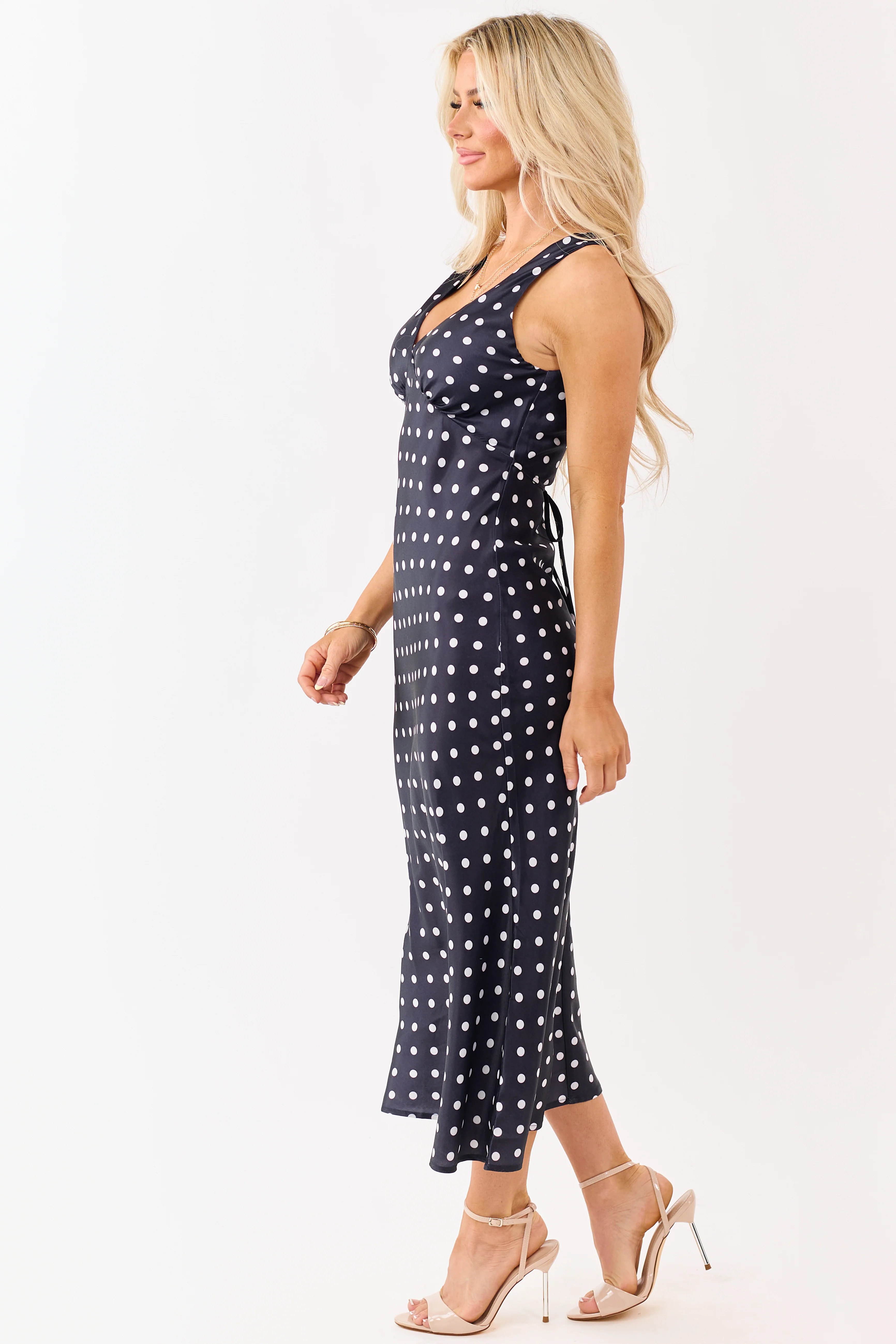 Black and Off White Polka Dot Satin Midi Dress - Image 4