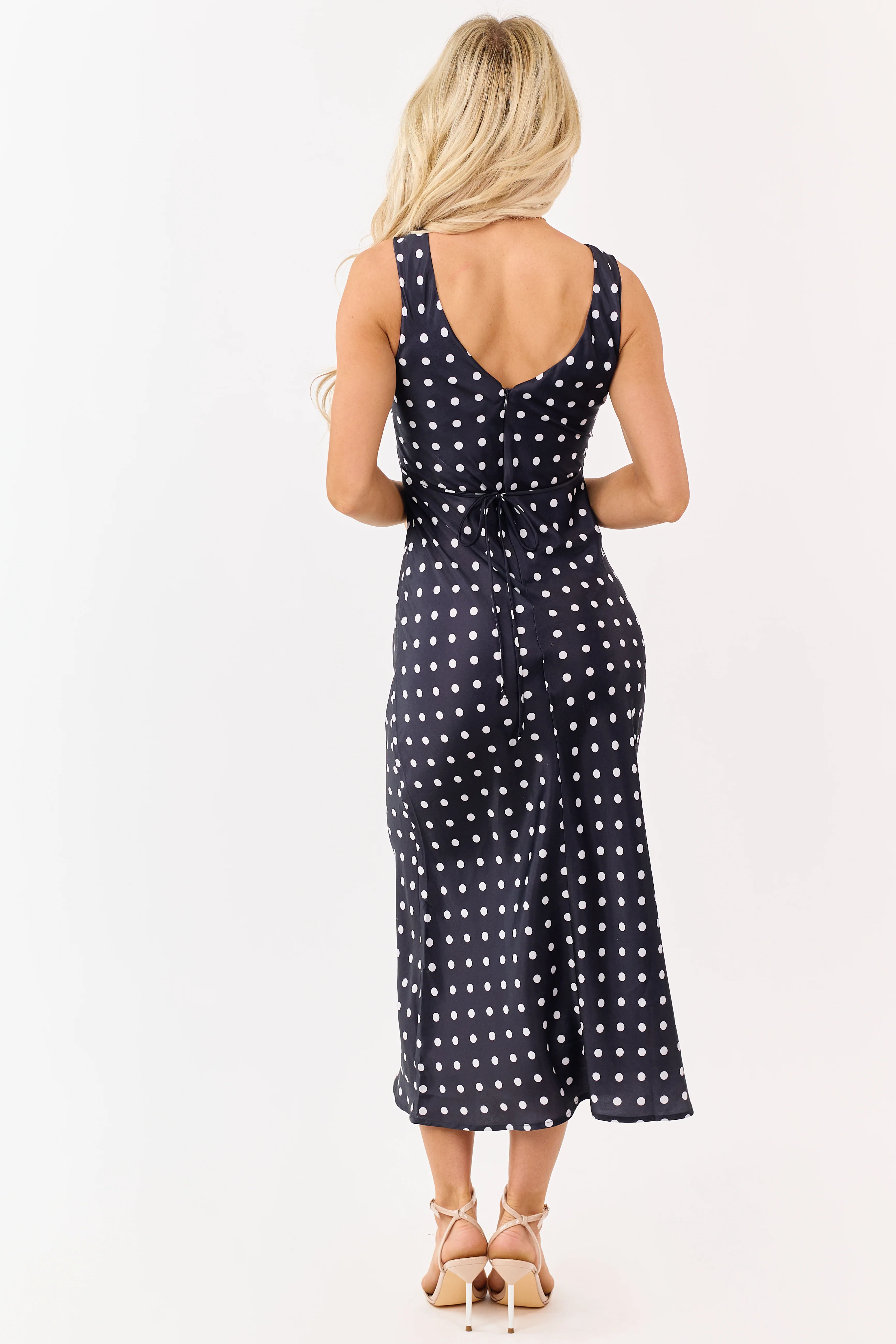Black and Off White Polka Dot Satin Midi Dress - Image 5