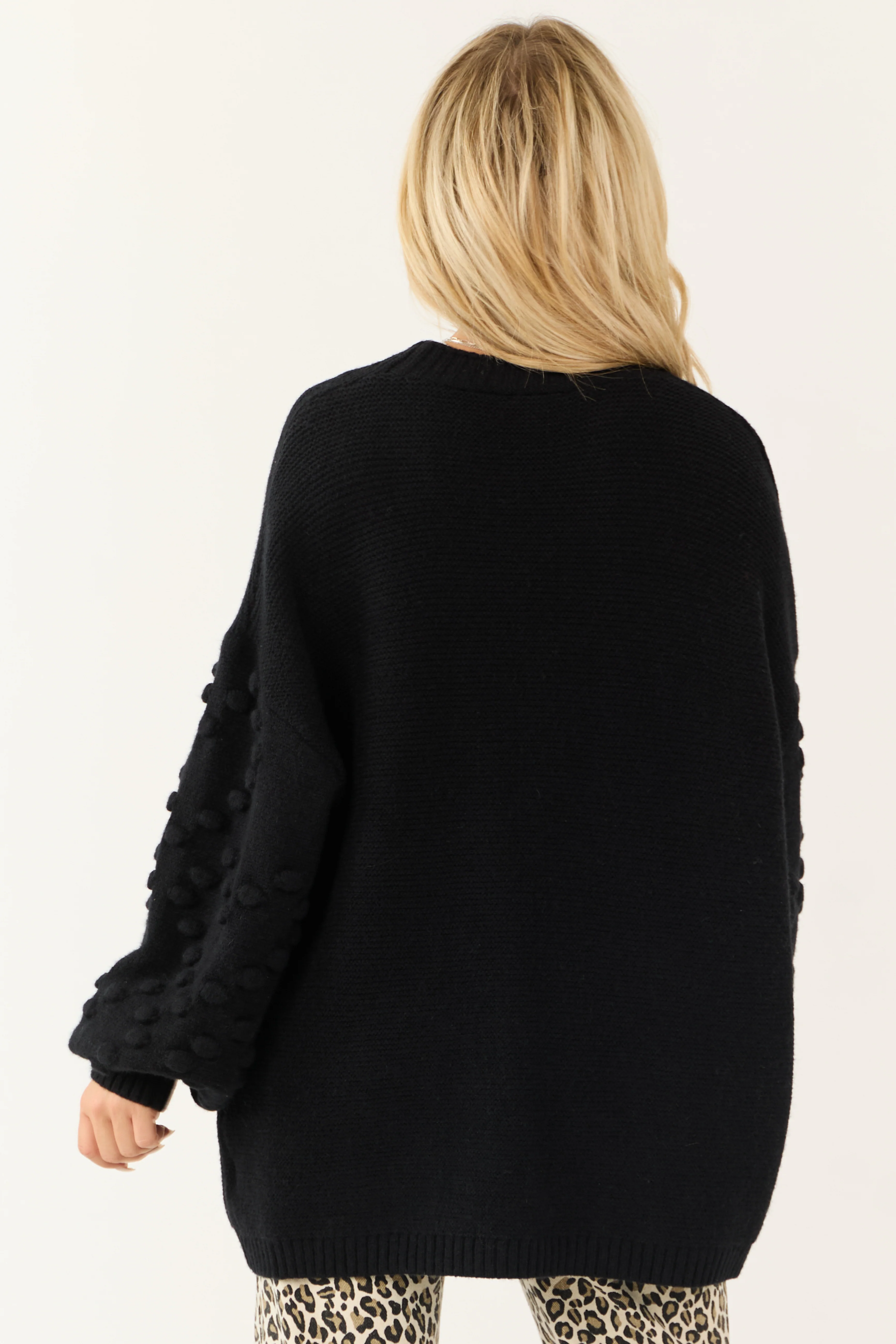 Black Open Front Pom Pom Sleeve Detail Cardigan - Image 5