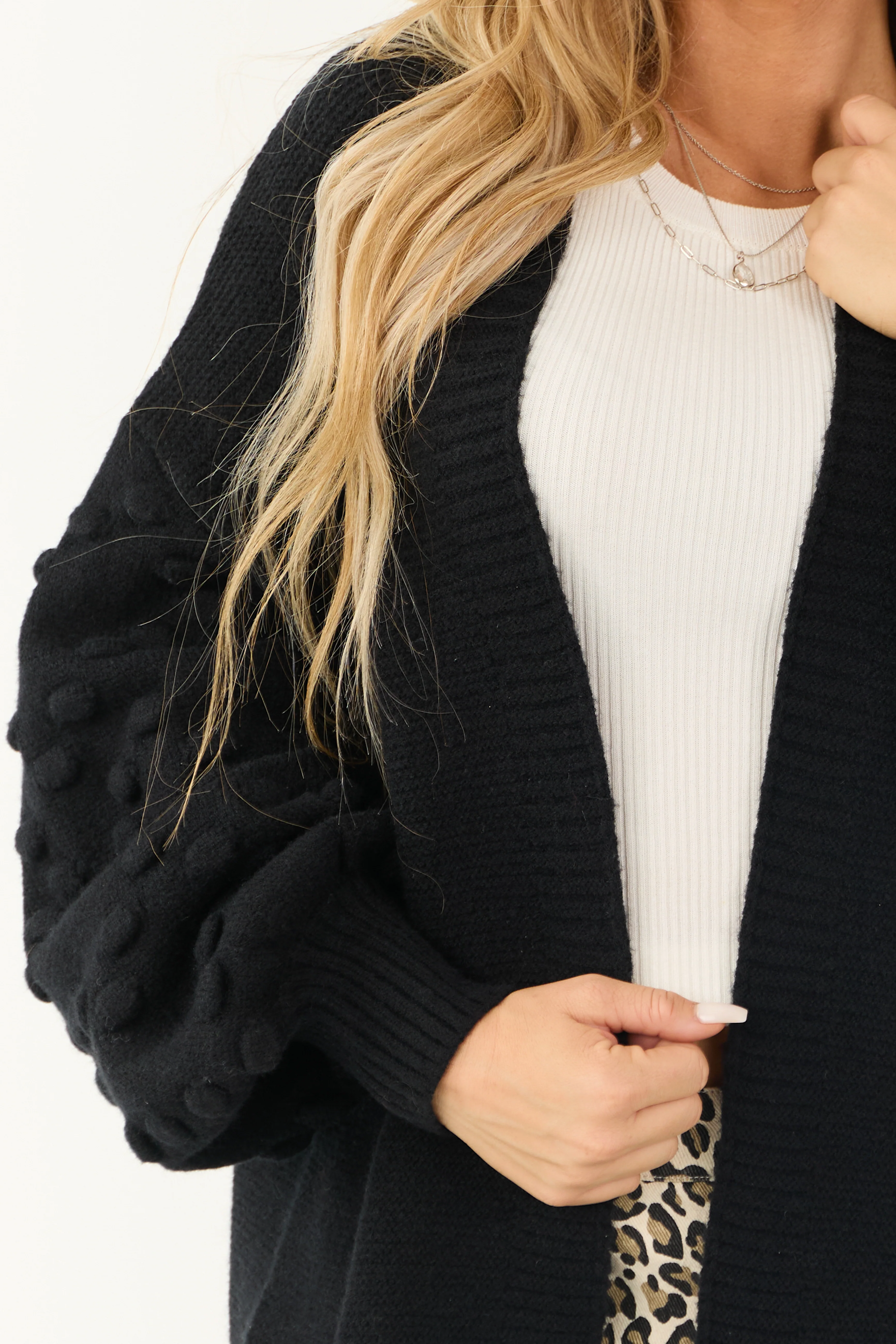 Black Open Front Pom Pom Sleeve Detail Cardigan - Image 6