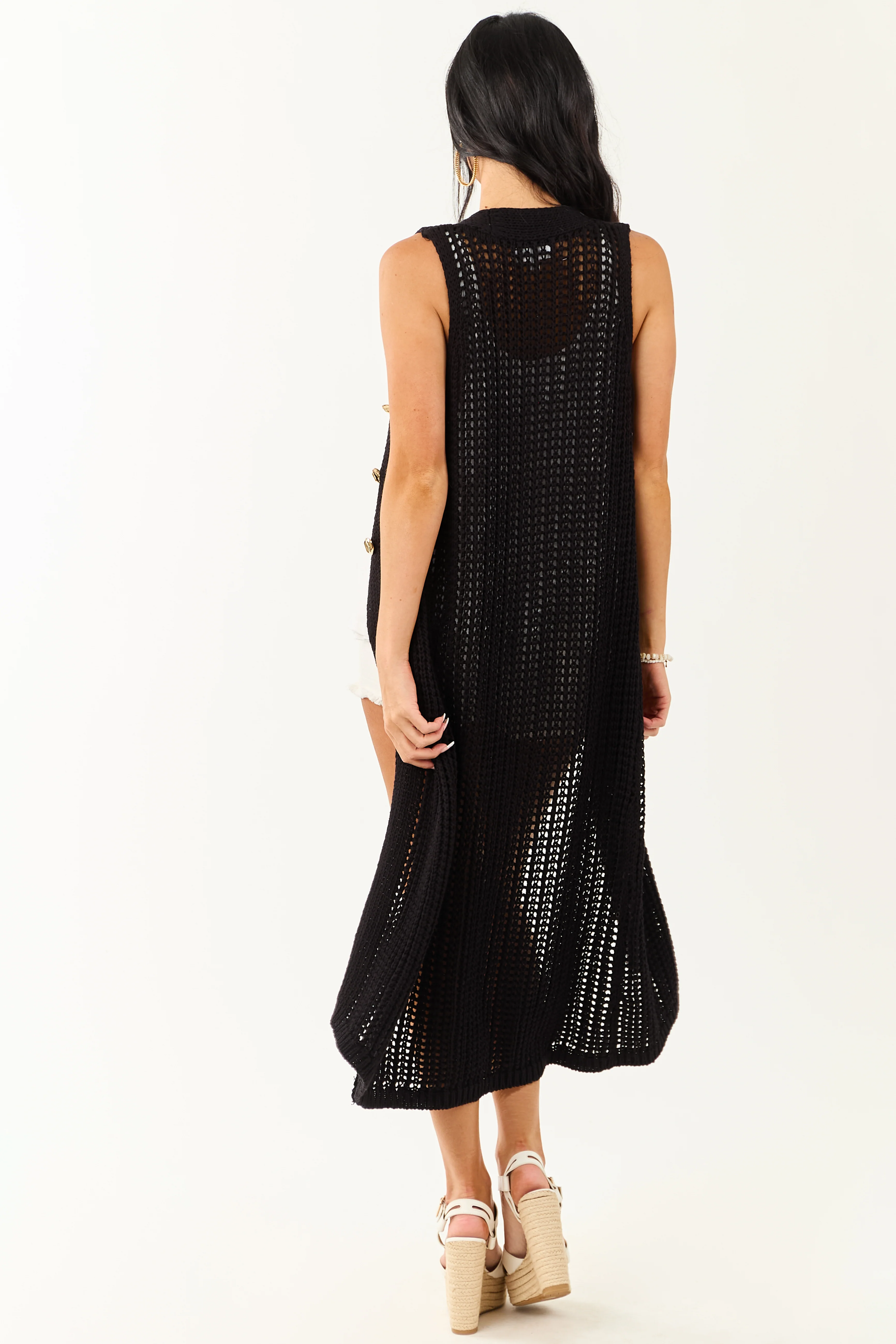 Black Open Knit Gold Buttoned Cotton Duster Vest - Image 6