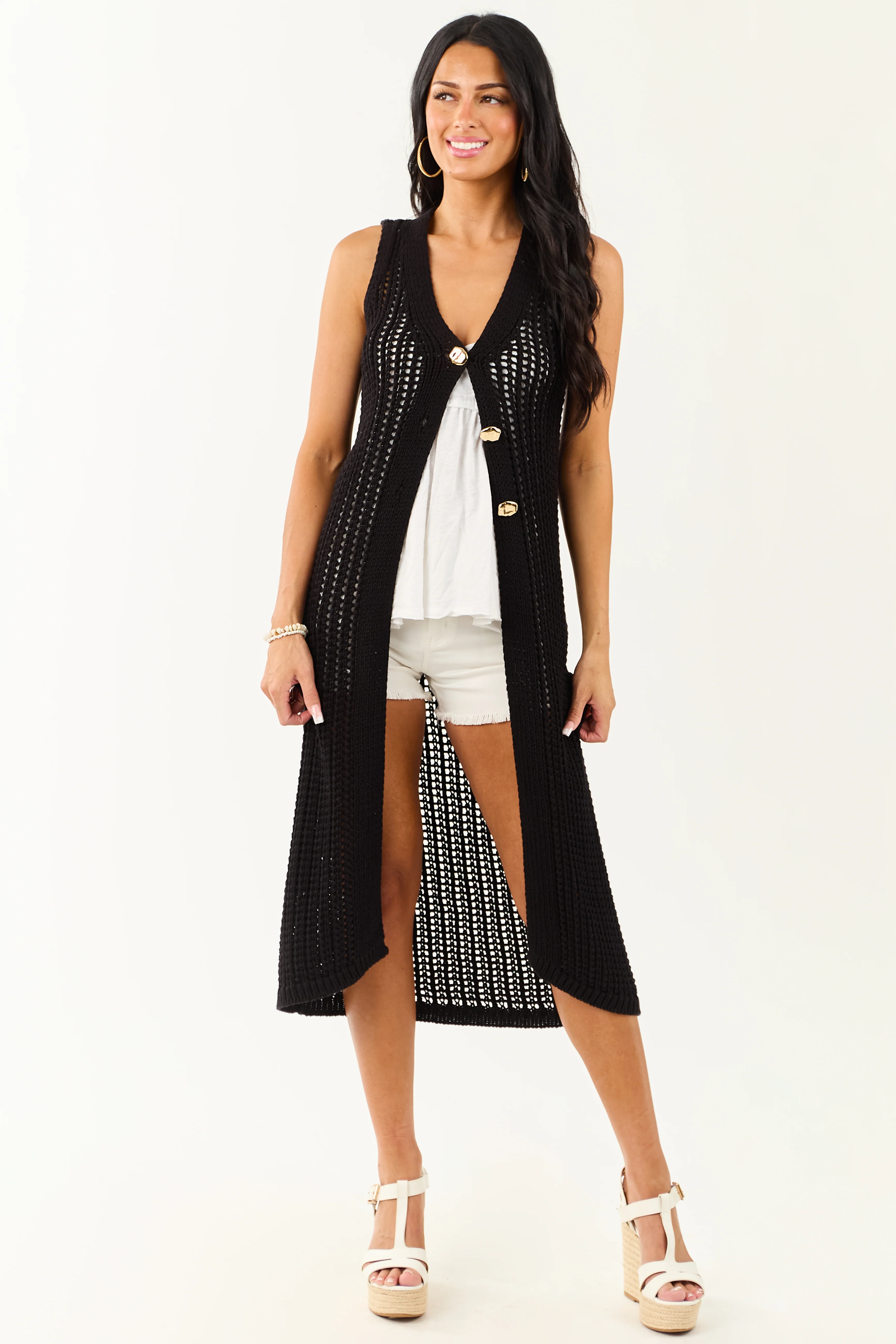 Black Open Knit Gold Buttoned Cotton Duster Vest - Image 7