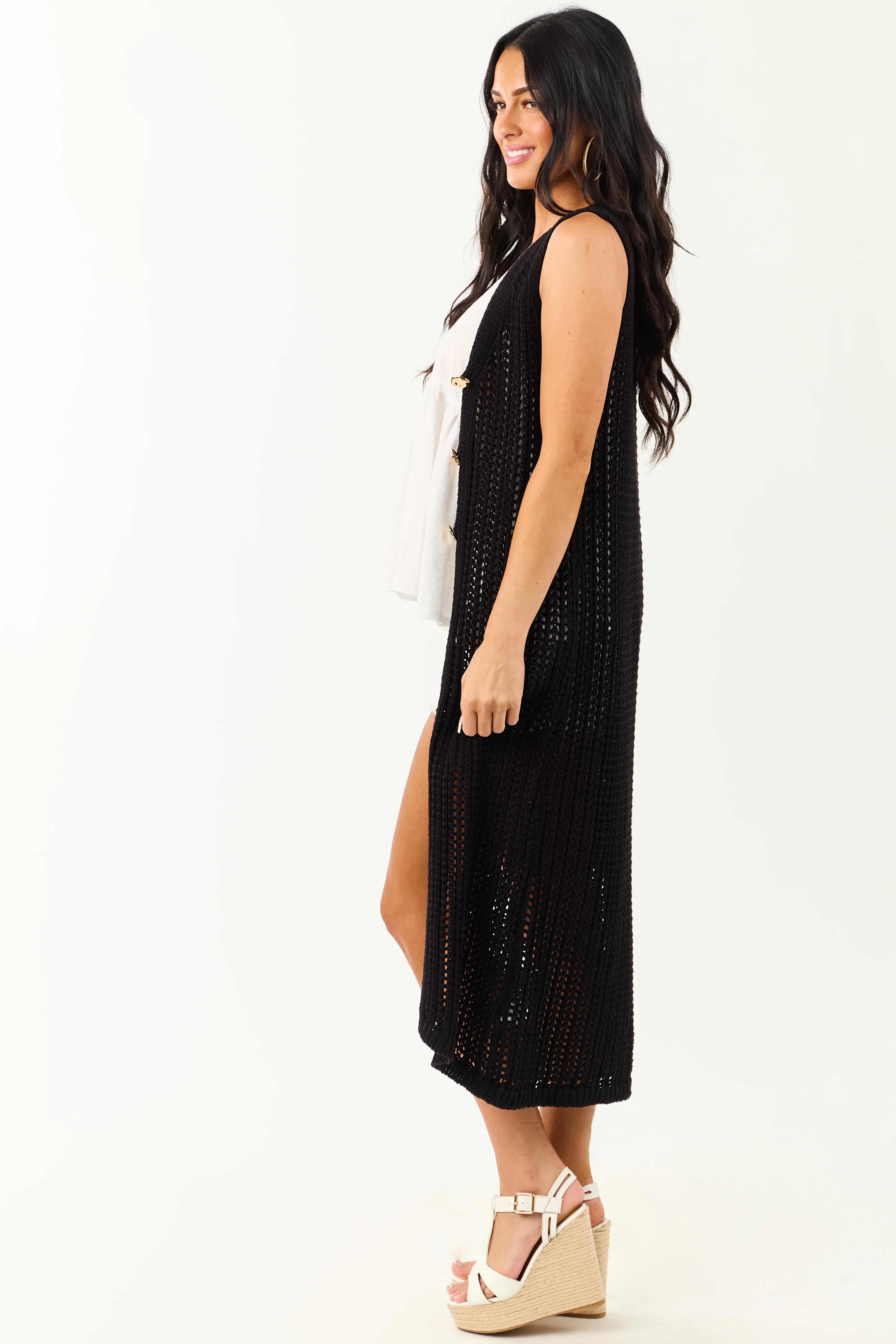 Black Open Knit Gold Buttoned Cotton Duster Vest - Image 8