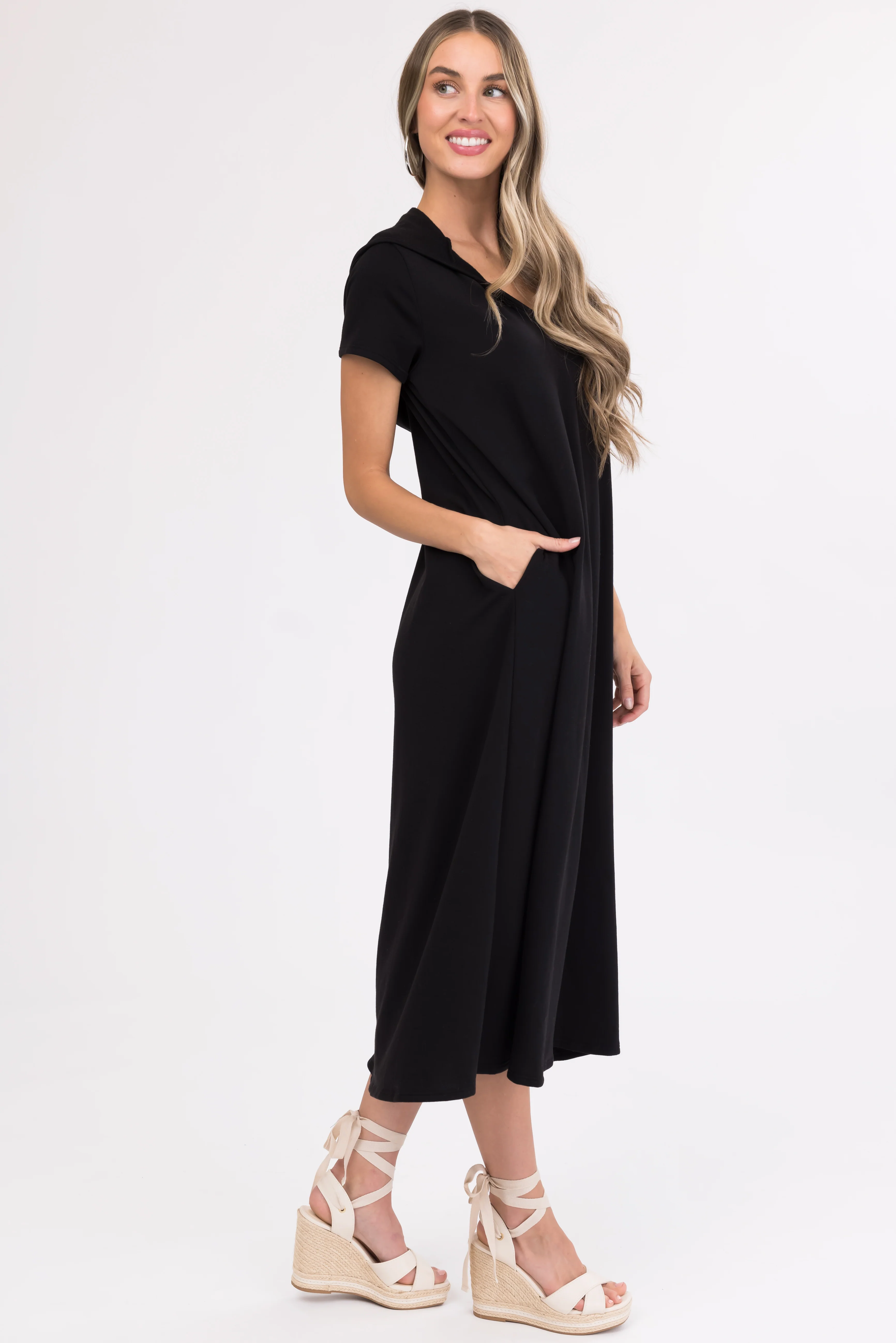 Black Oversized Casual Hooded Maxi Dress - Image 2